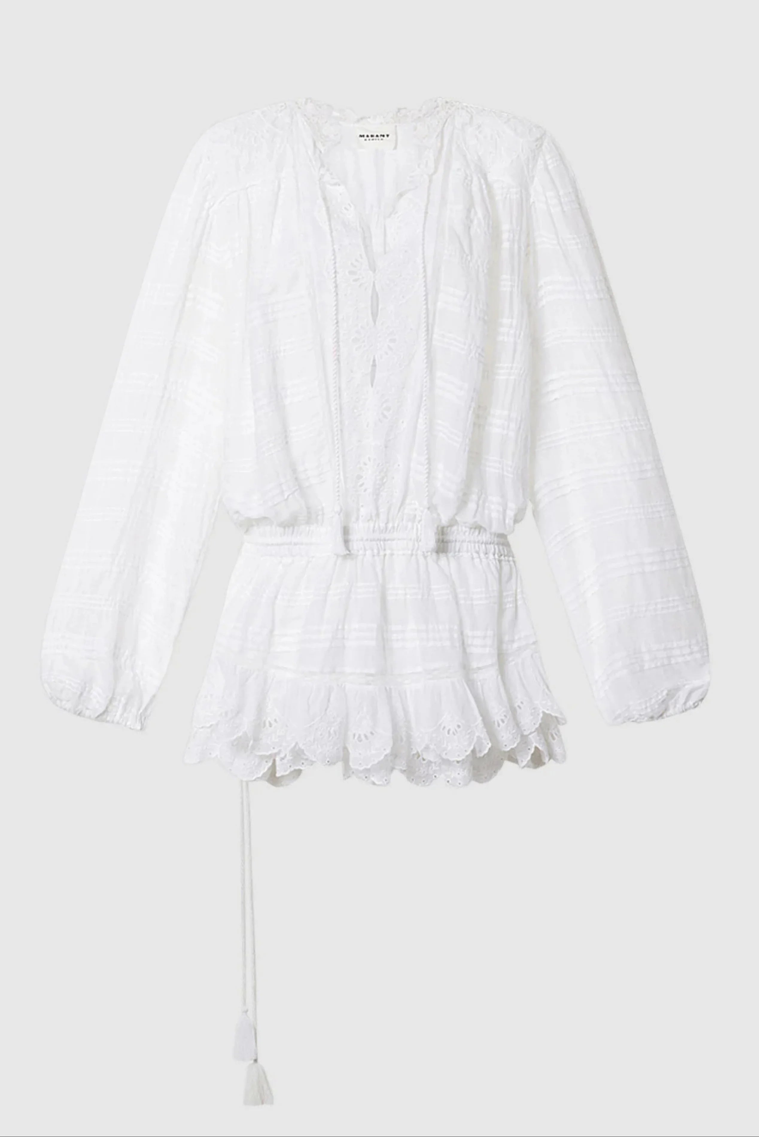 Vestido curto branco Isabel Marant com bordado vazado, mangas amplas e barra com babados