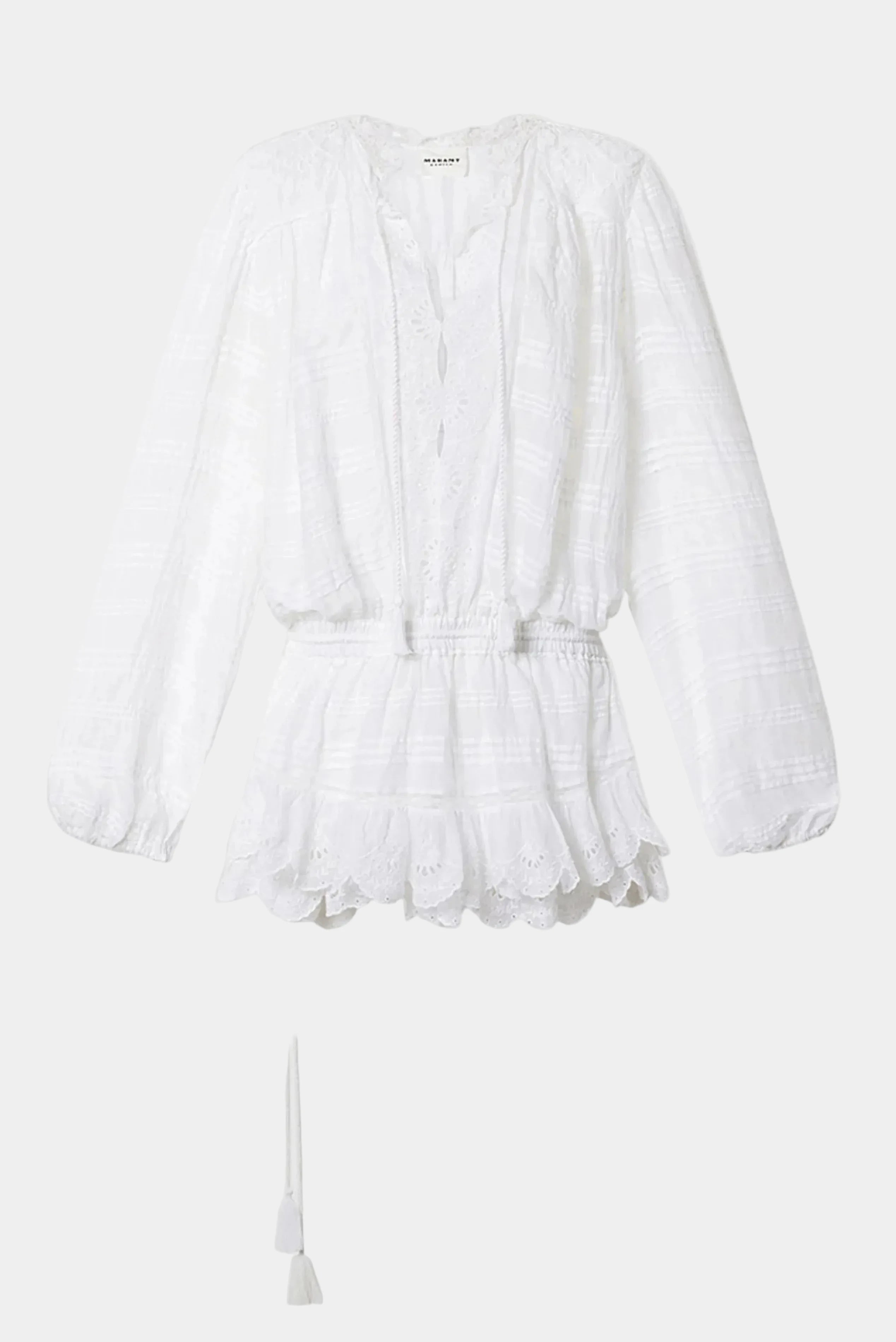 Vestido curto branco Isabel Marant com bordado vazado, mangas amplas e barra com babados