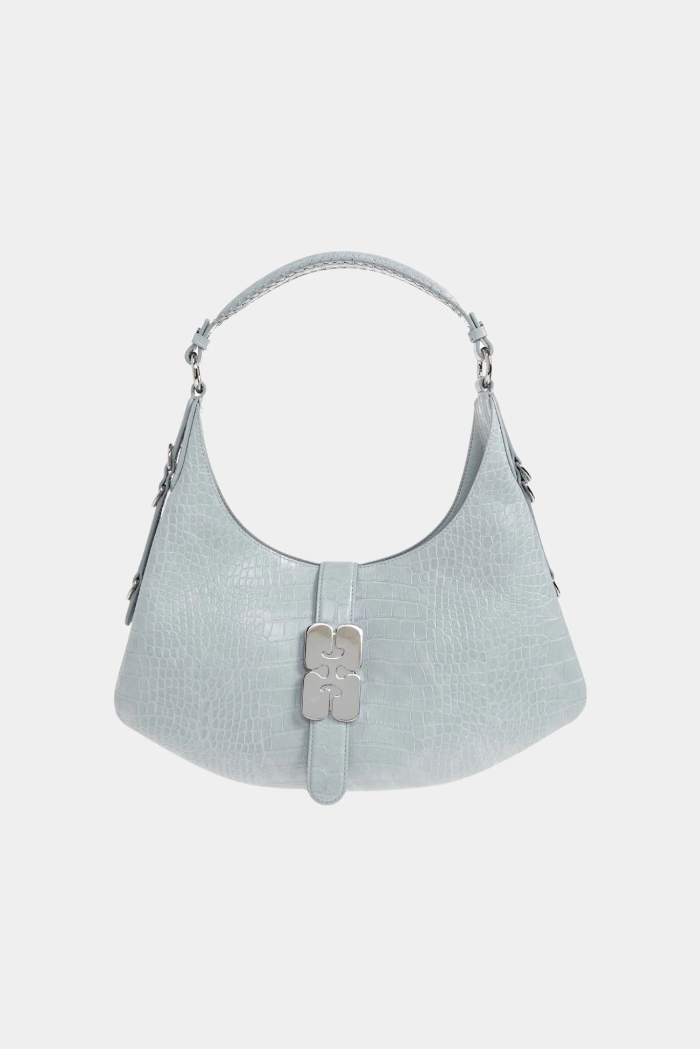 Bolsa Kat pequena azul-claro com textura croco e fecho metálico frontal Ganni