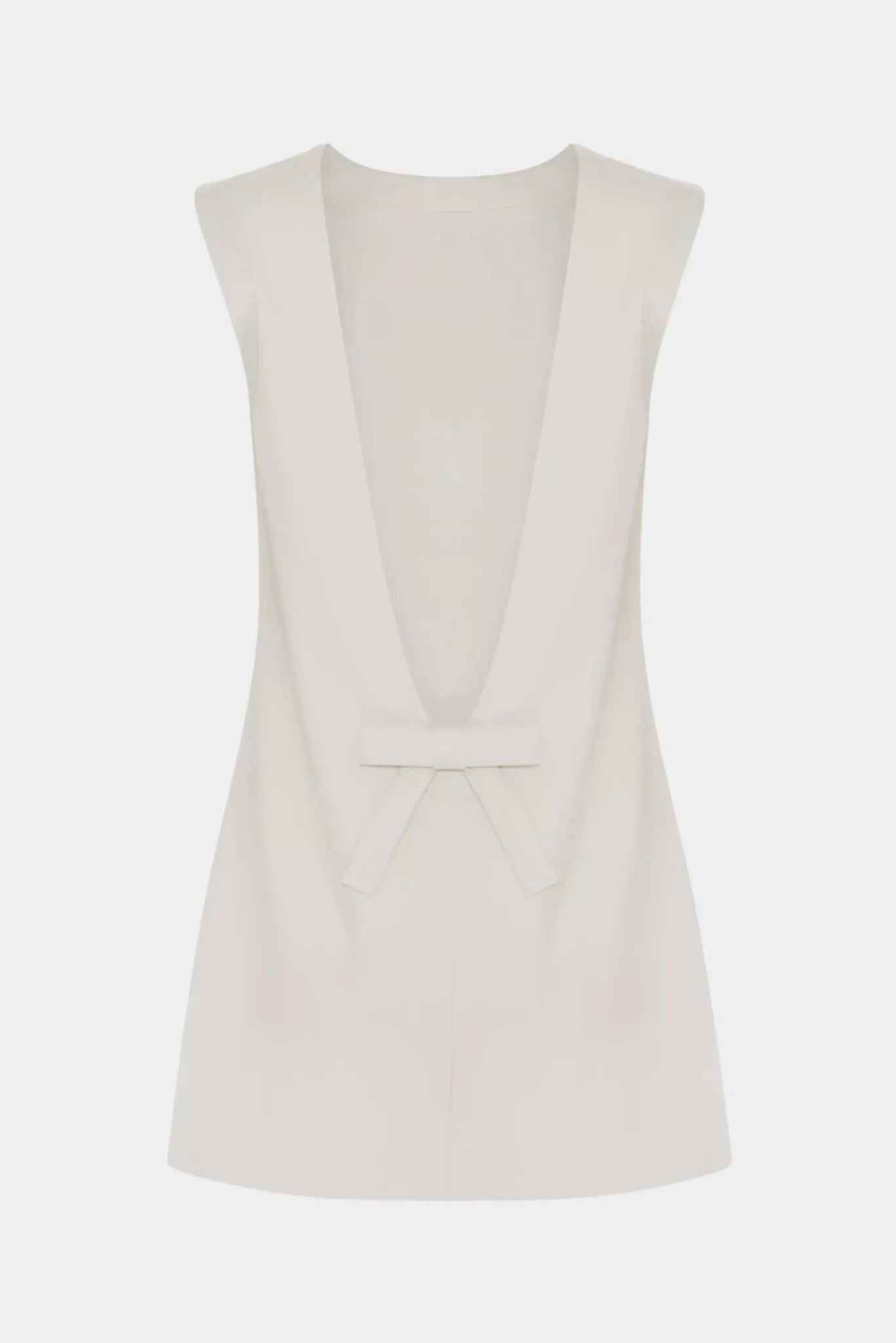 Costas do vestido curto Lacinni Gaia off-white com decote profundo e laço aplicado
