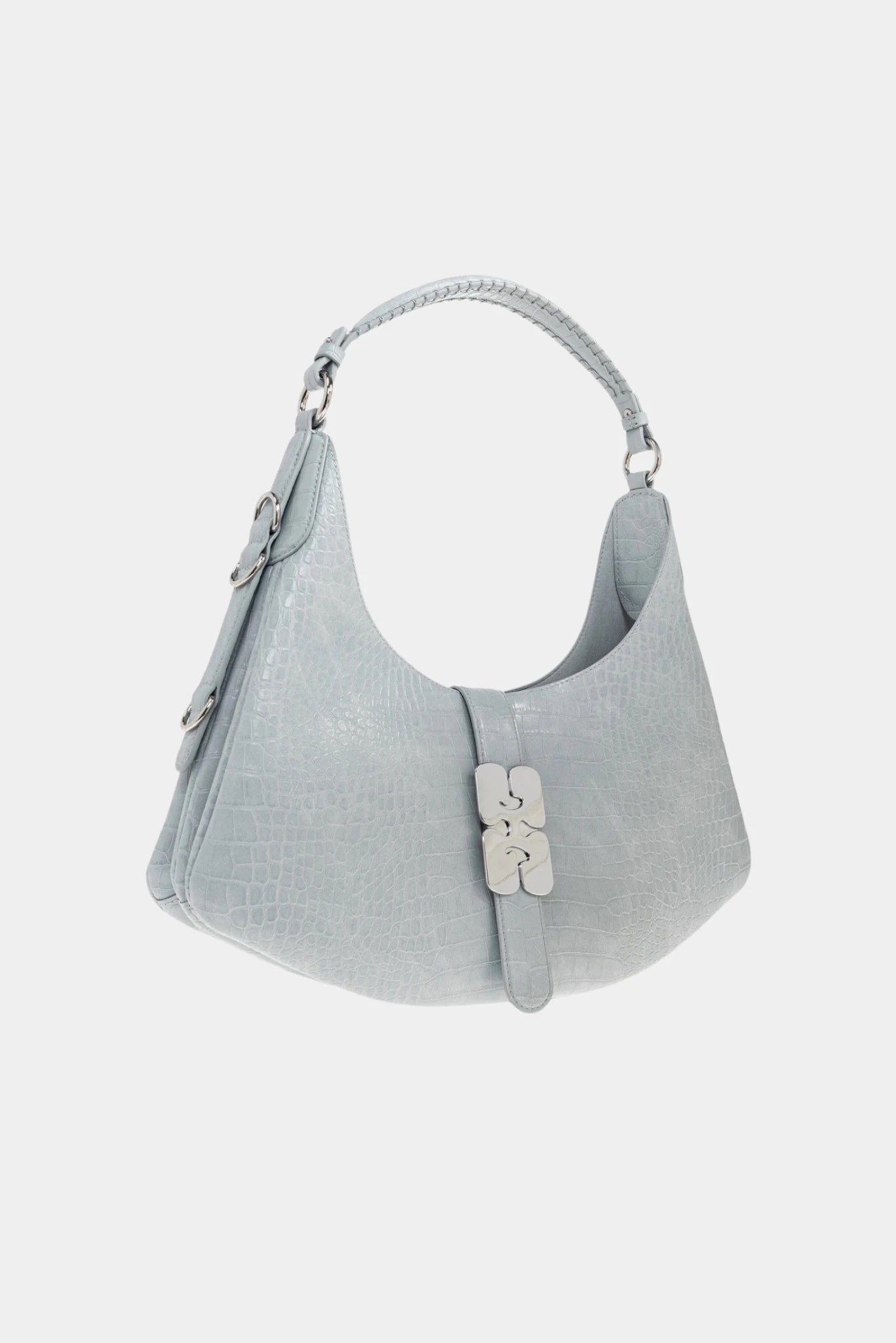 Bolsa Kat pequena Ganni azul-claro com textura croco e ferragens prateadas