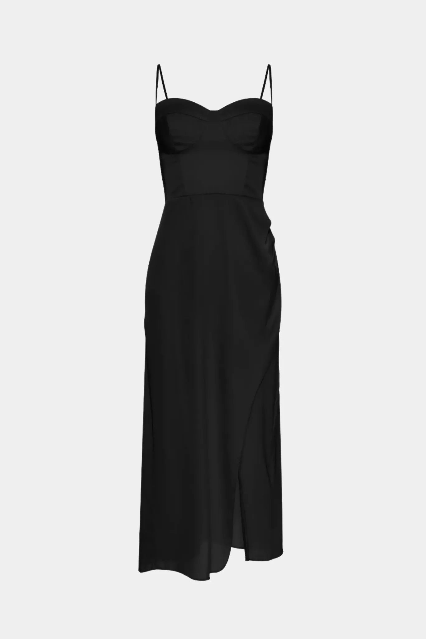 Vestido midi Annabelle Gaia preto com alças finas, busto estruturado e fenda frontal