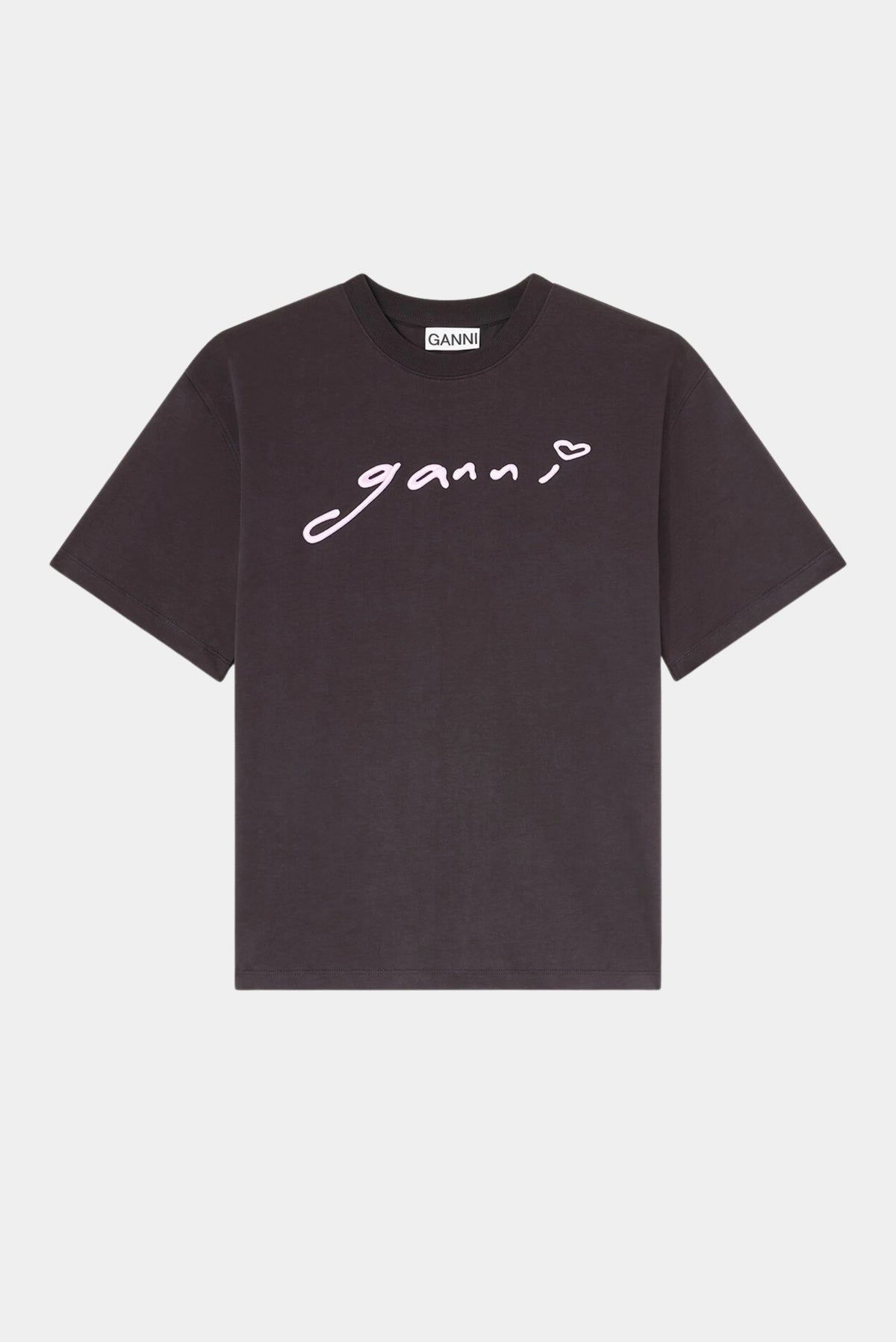 Camiseta Relaxed Ganni cinza escuro com logotipo GANNI bordado em rosa bebê