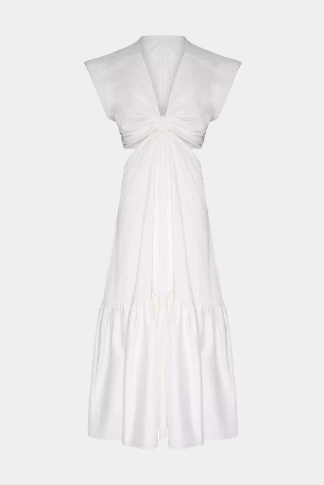 Vestido Longo Vicky Gaia branco com decote V profundo, cintura vazada e modelagem fluida