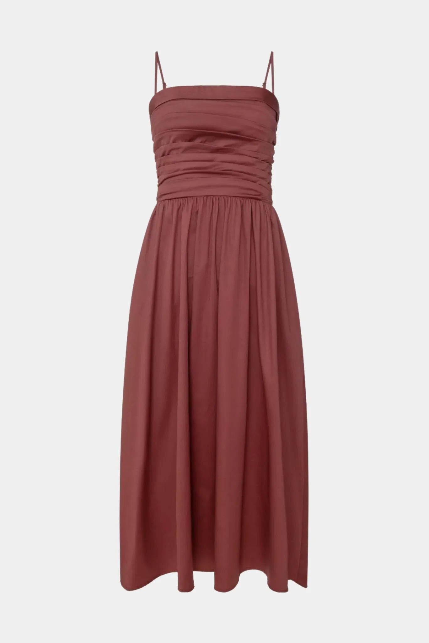 Vestido Midi Drapeado Sophie Gaia marrom com corpo franzido e caimento fluido