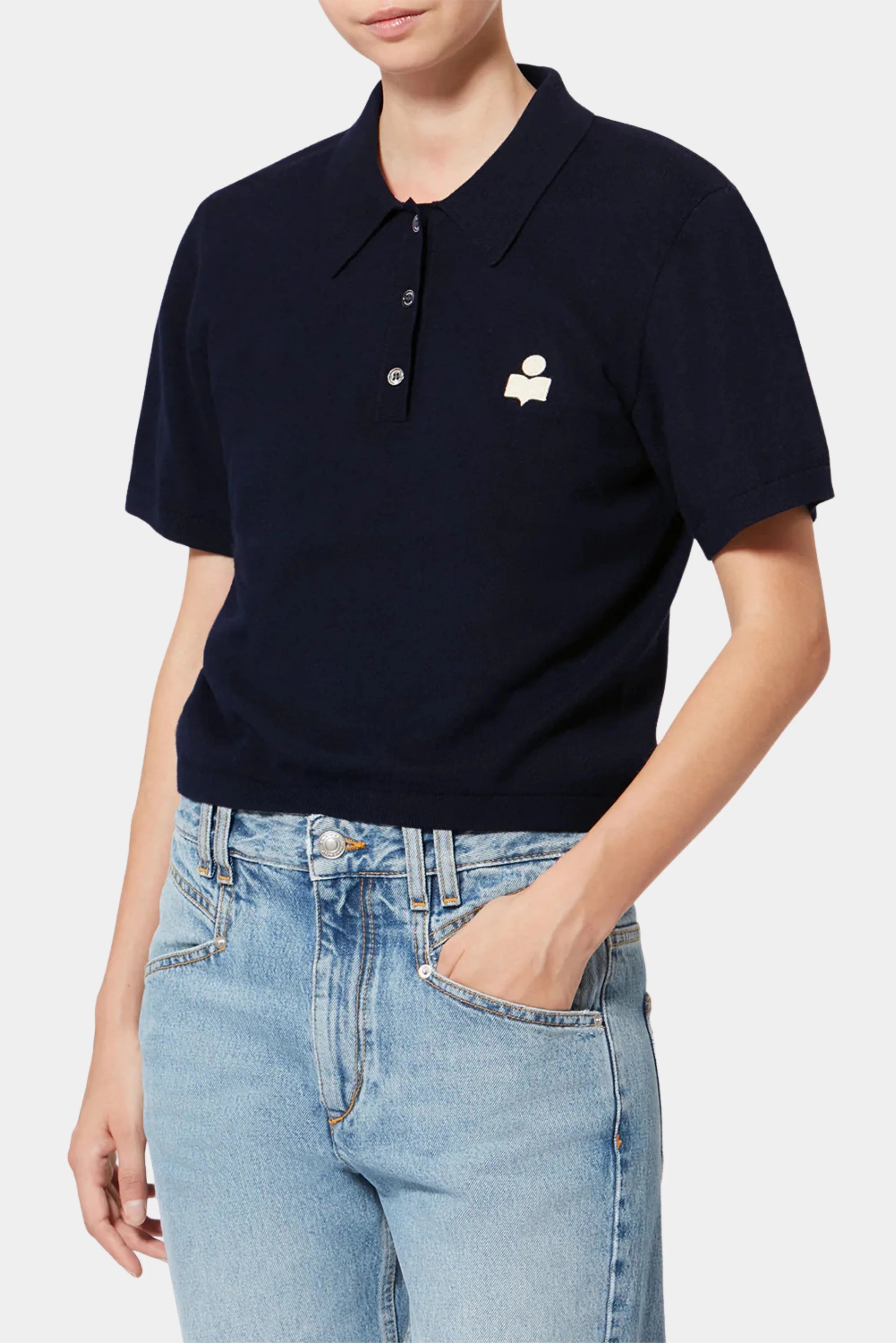 Polo de tricot azul-marinho Isabel Marant com gola clássica e bordado contrastante no peito