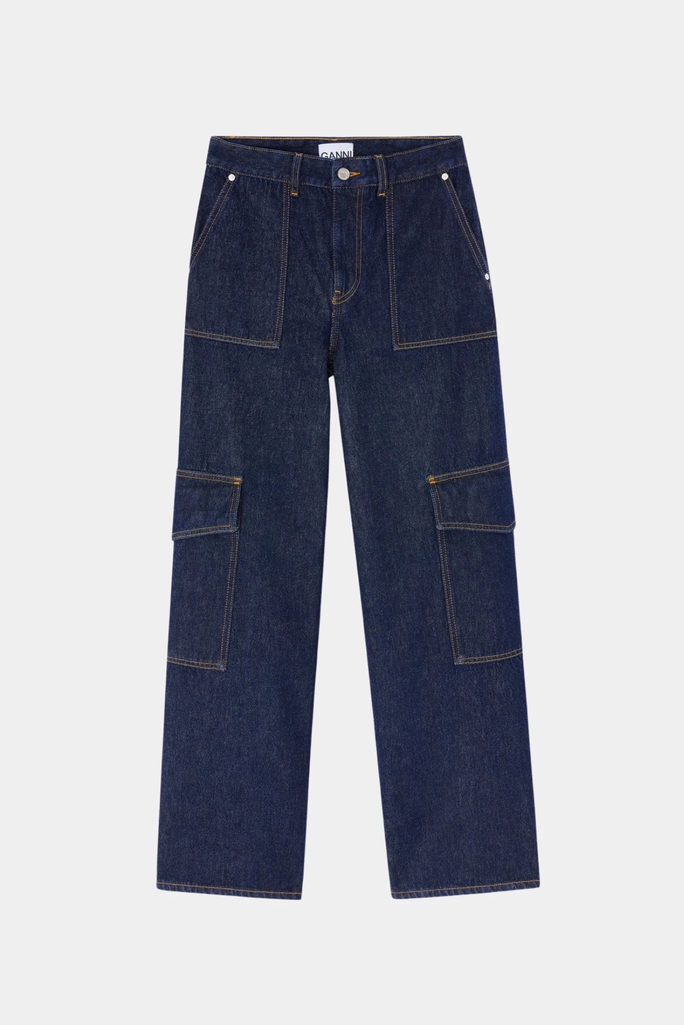 Calça jeans Ganni Angi reta azul-escuro com bolsos utilitários e modelagem ampla
