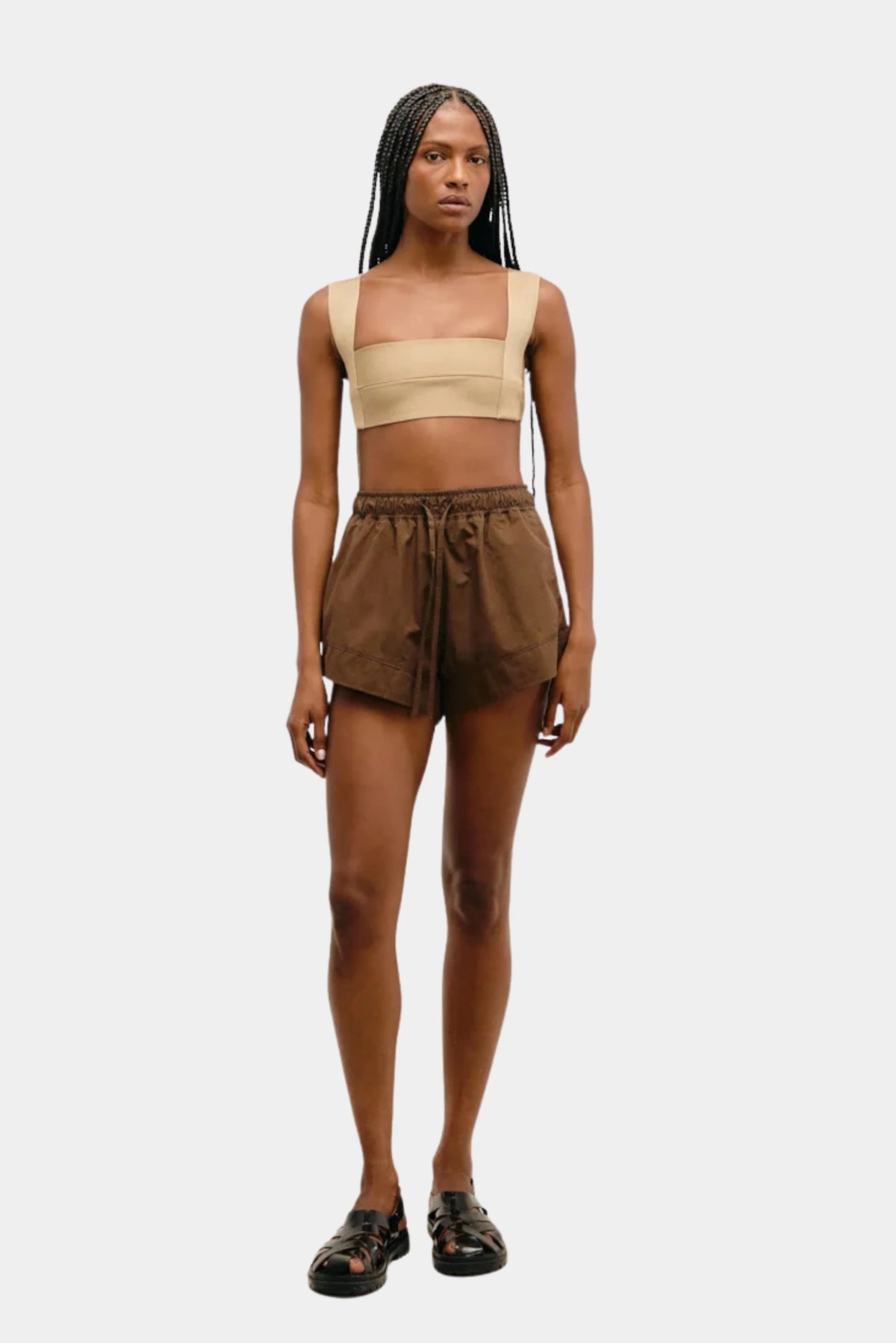 Top Alça Larga Tricot Haight bege cropped com decote quadrado e alças largas
