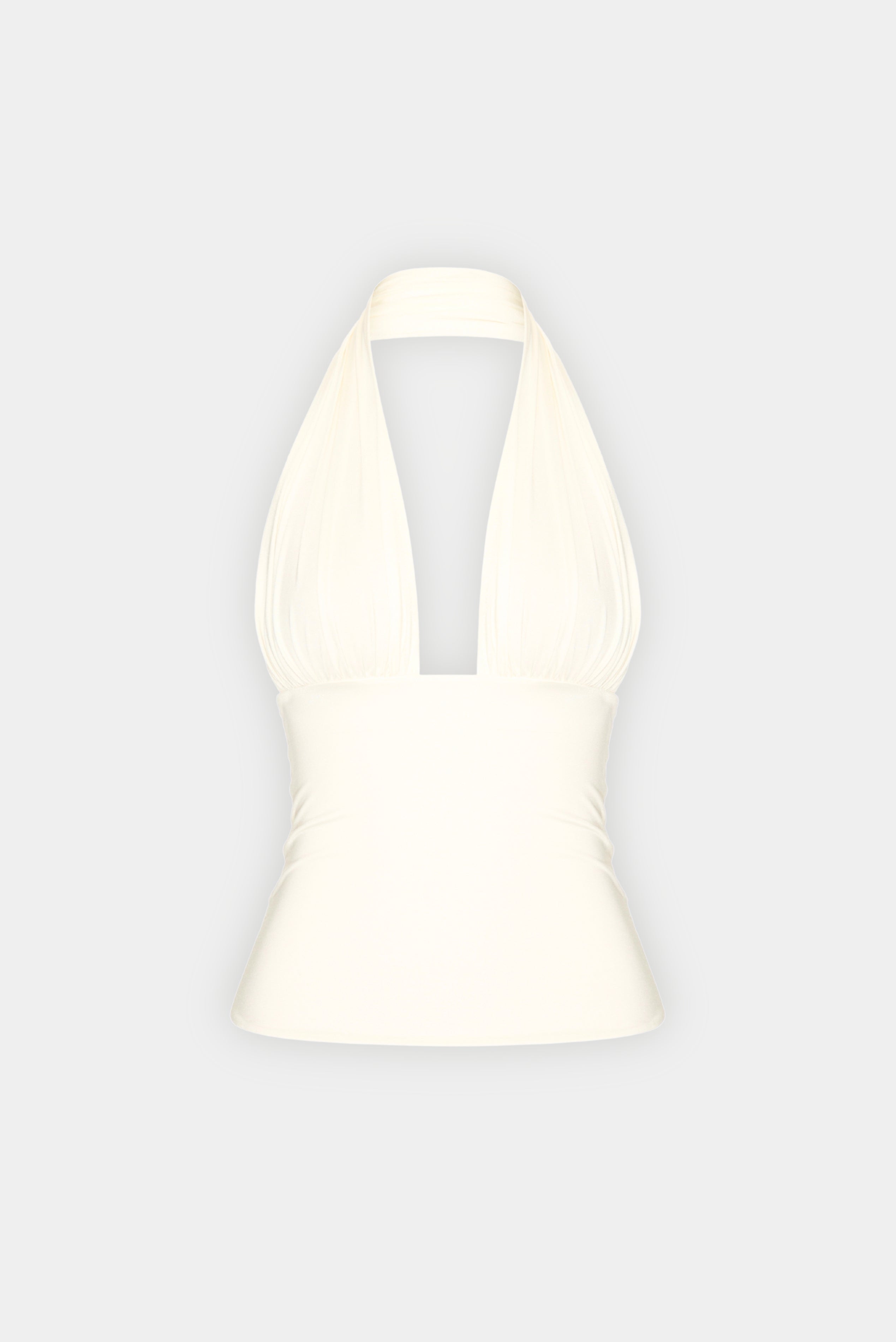 Top Fluity Iara MR off white com decote halter profundo e caimento ajustado ao corpo