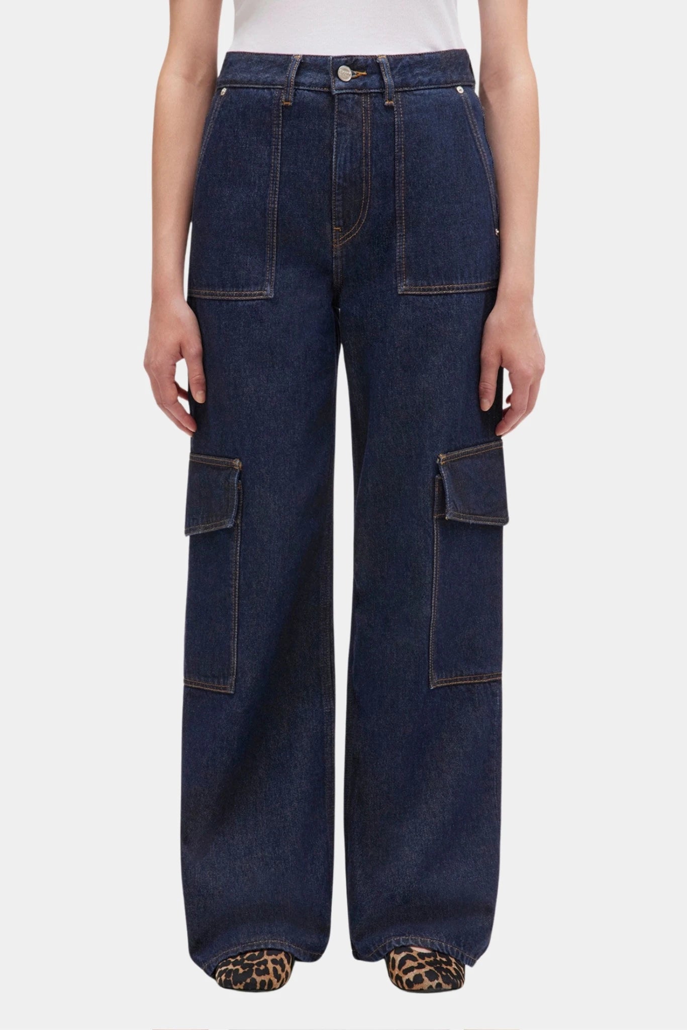 Calça jeans Ganni Angi reta azul-escuro com bolsos frontais amplos e bolsos cargo