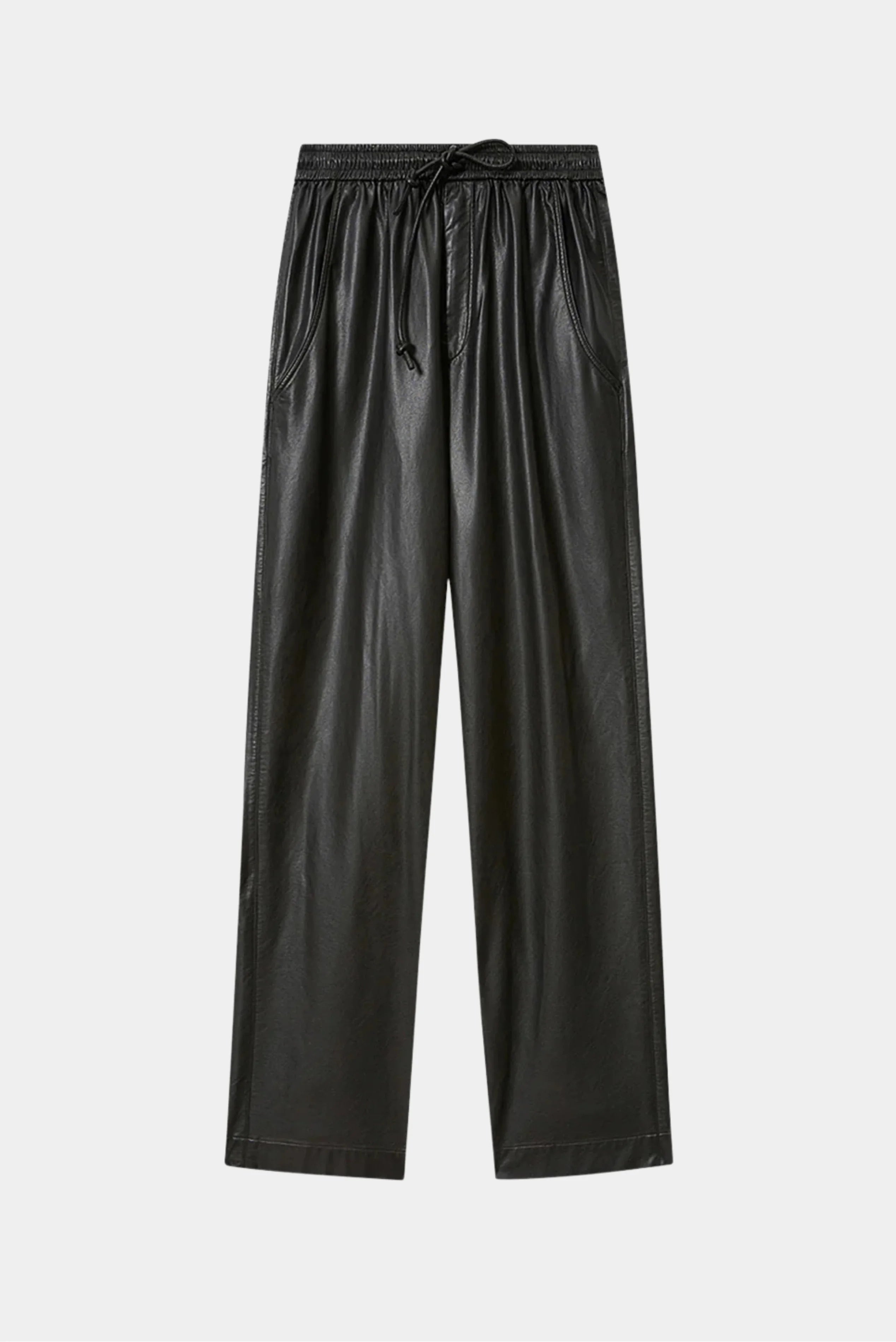 Calça de couro preta Isabel Marant com cintura elástica, cordão ajustável e modelagem ampla