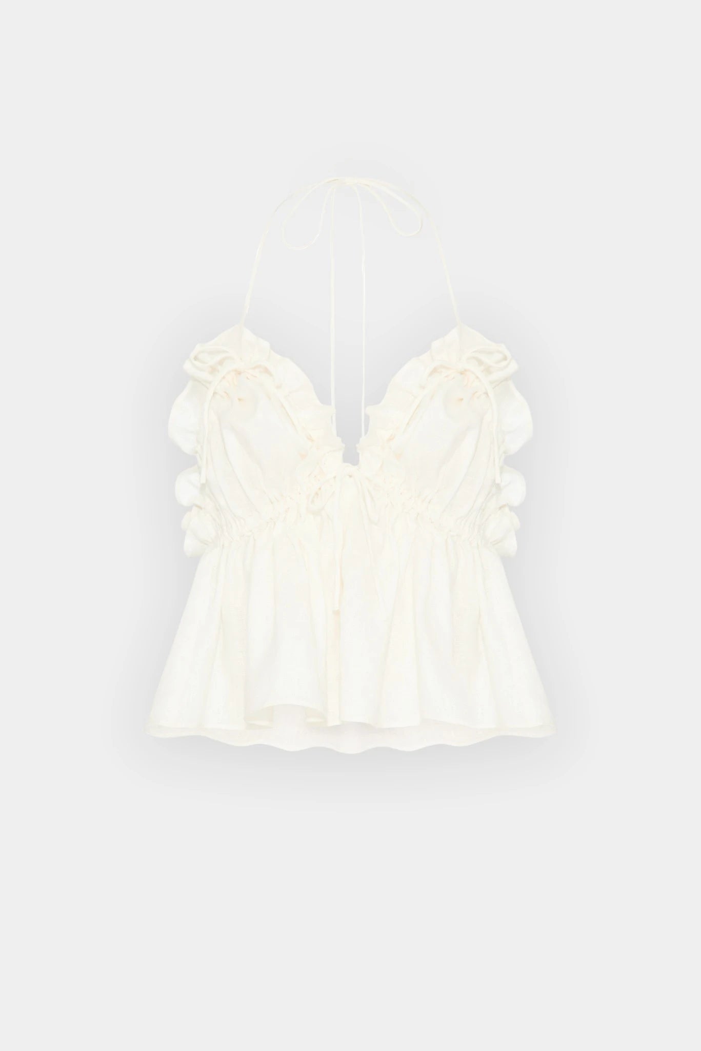 Top Gigi Linho MR off white com detalhe franzido, babados e modelagem fluida