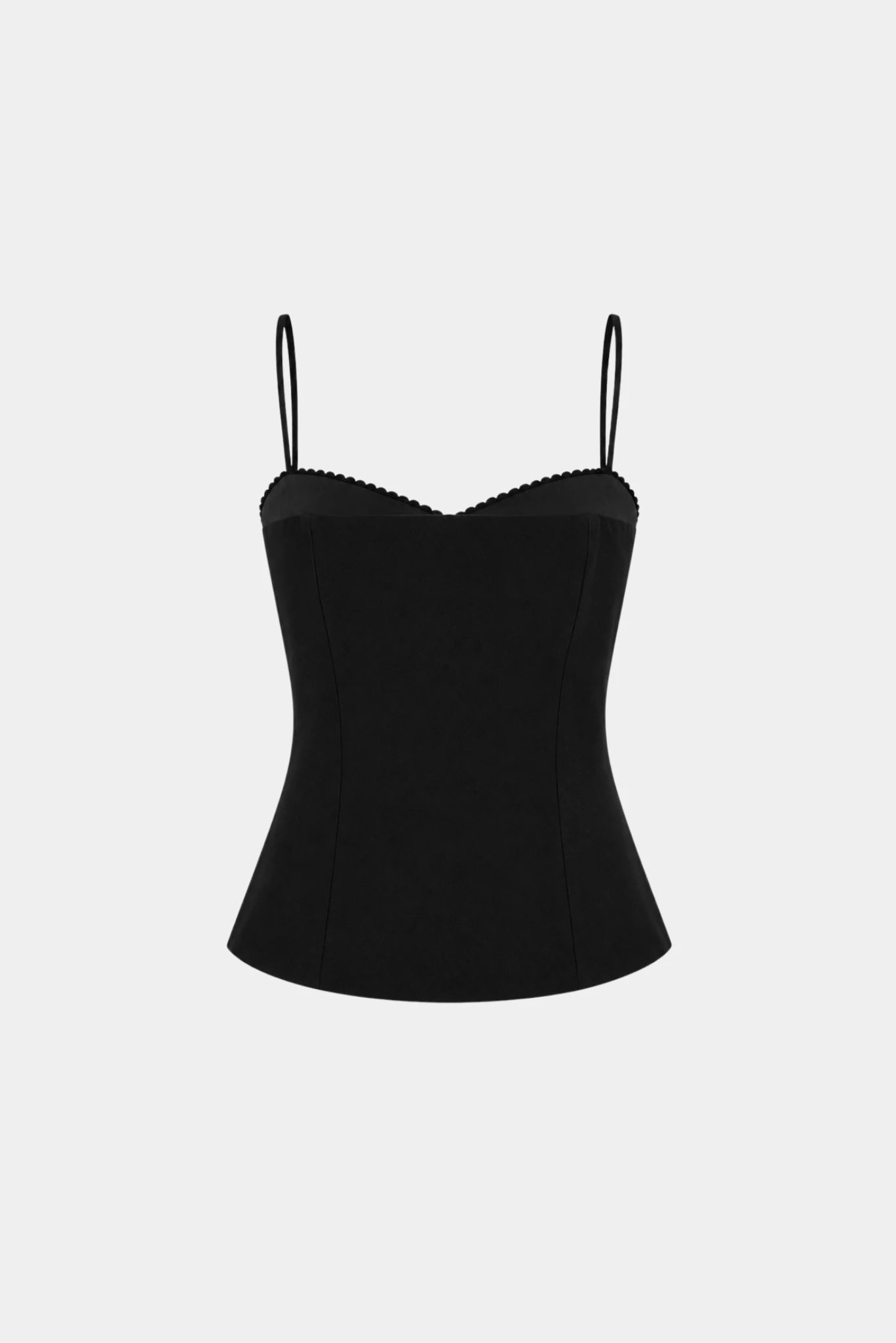 Top Sarja Khloe MR preto com modelagem ajustada e detalhe delicado no busto