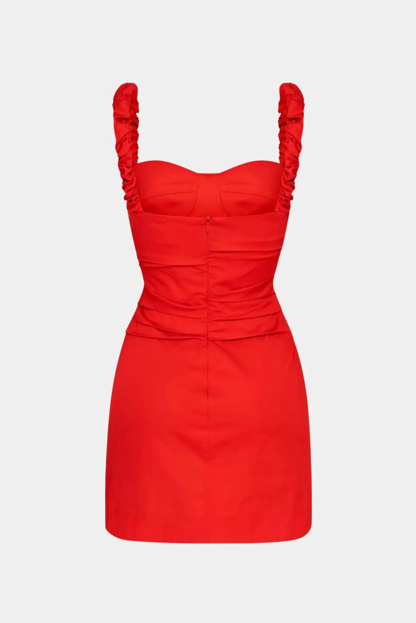 Costas do Vestido Curto Lipa Gaia vermelho com alças franzidas e fechamento por zíper