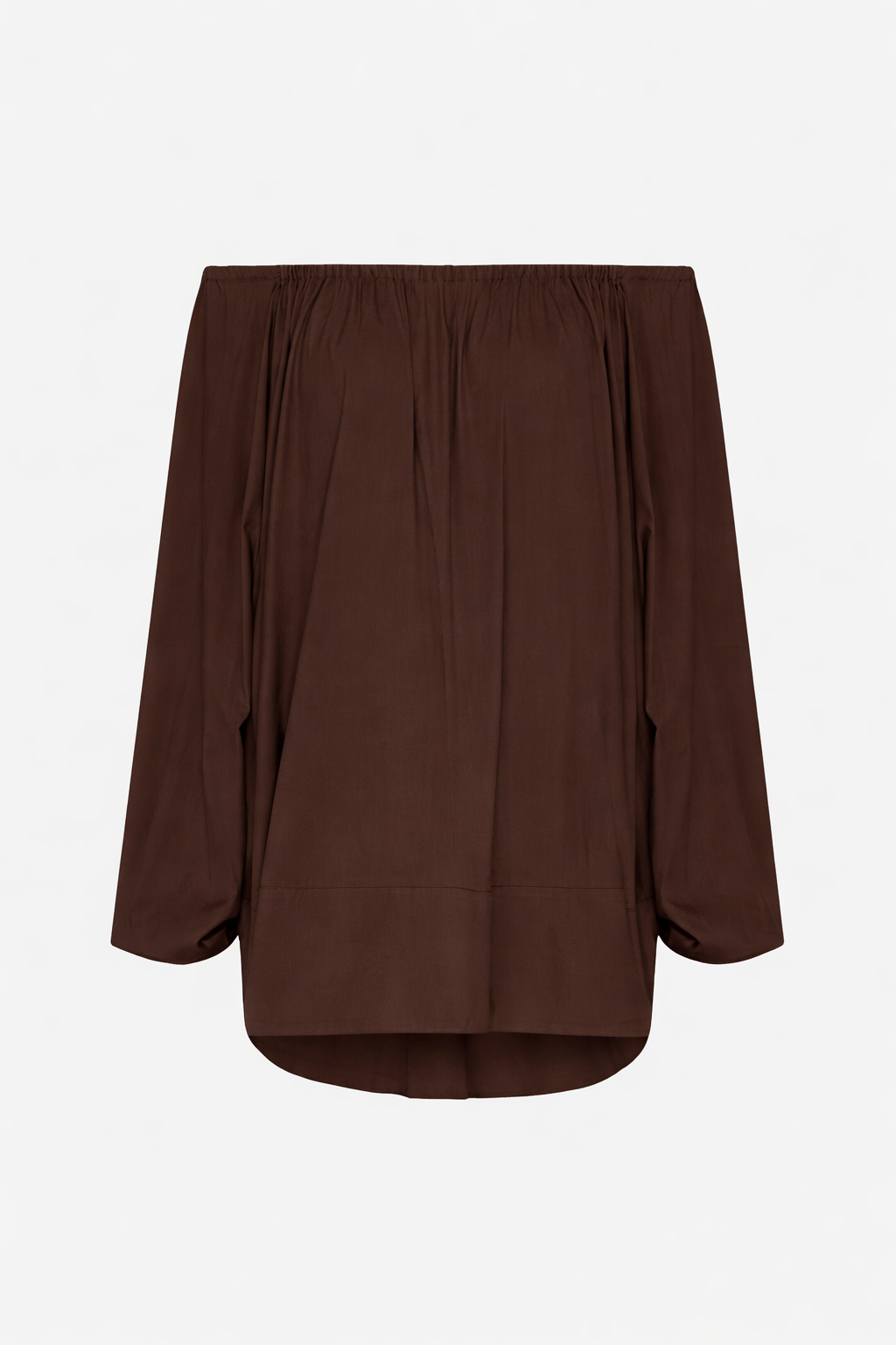 Vestido curto marrom Kaia MR em tricoline com modelagem ampla e mangas volumosas