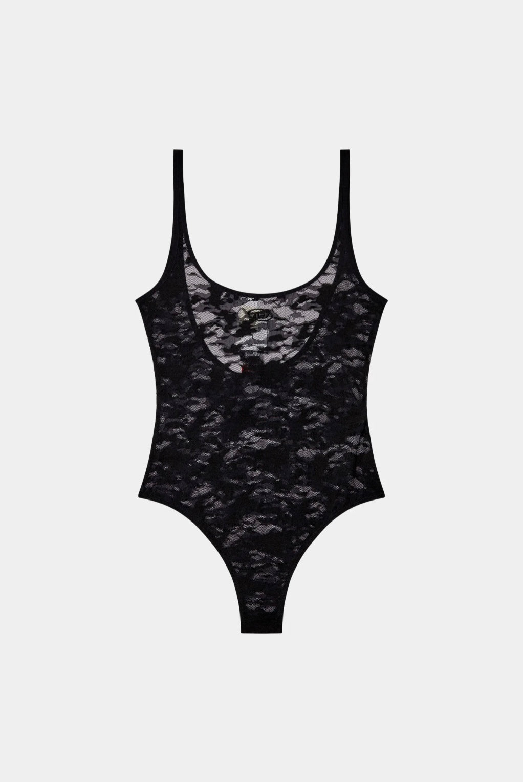 Body feminino Diesel em renda preta transparente com alças finas