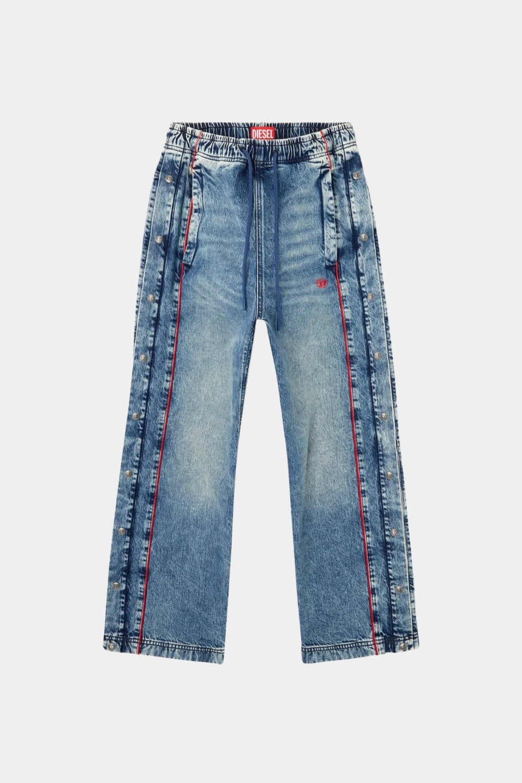 Calça jeans Diesel azul clara com modelagem reta ampla e acabamento lavado