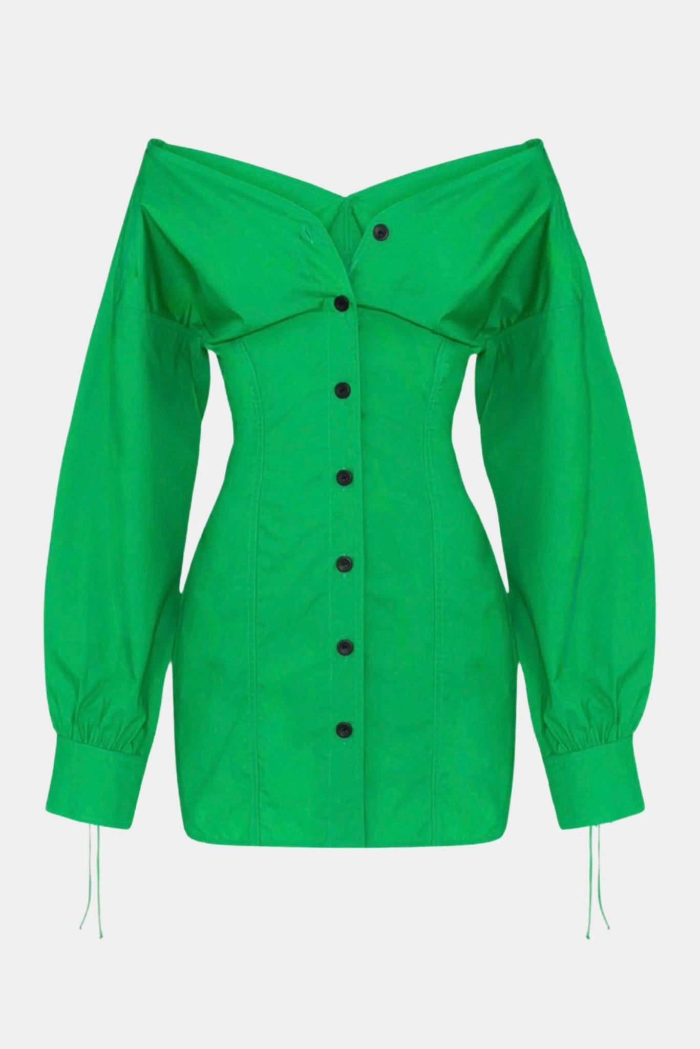 Vestido Curto Nili Gaia verde com decote ombro a ombro, mangas bufantes e botões frontais