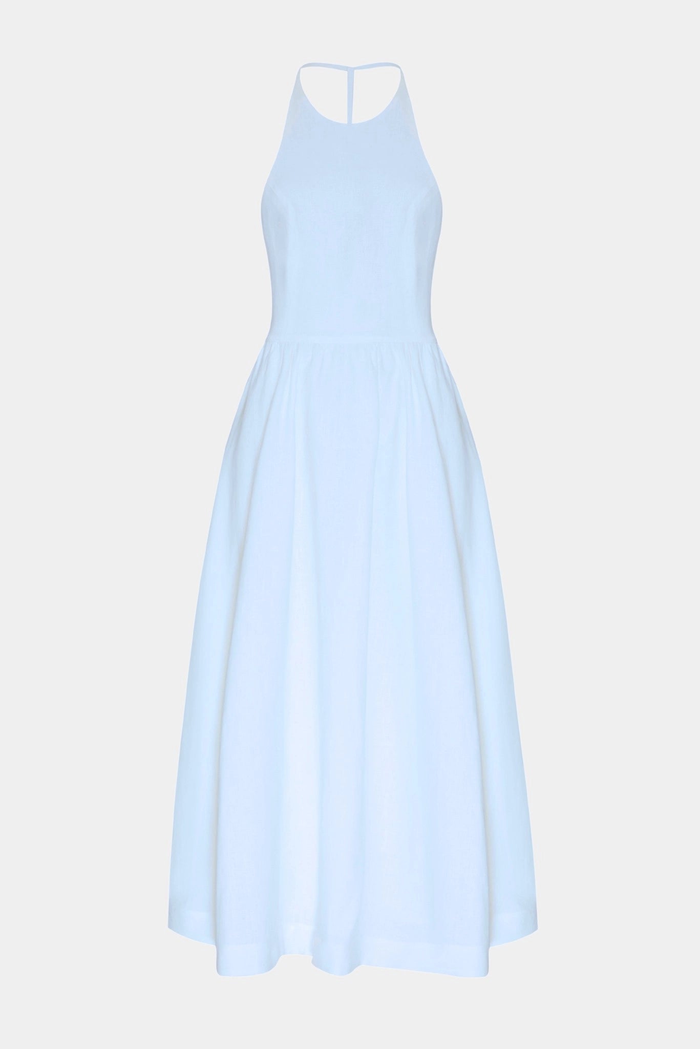 Vestido midi em linho Bella MR azul claro com modelagem fluida e decote halter