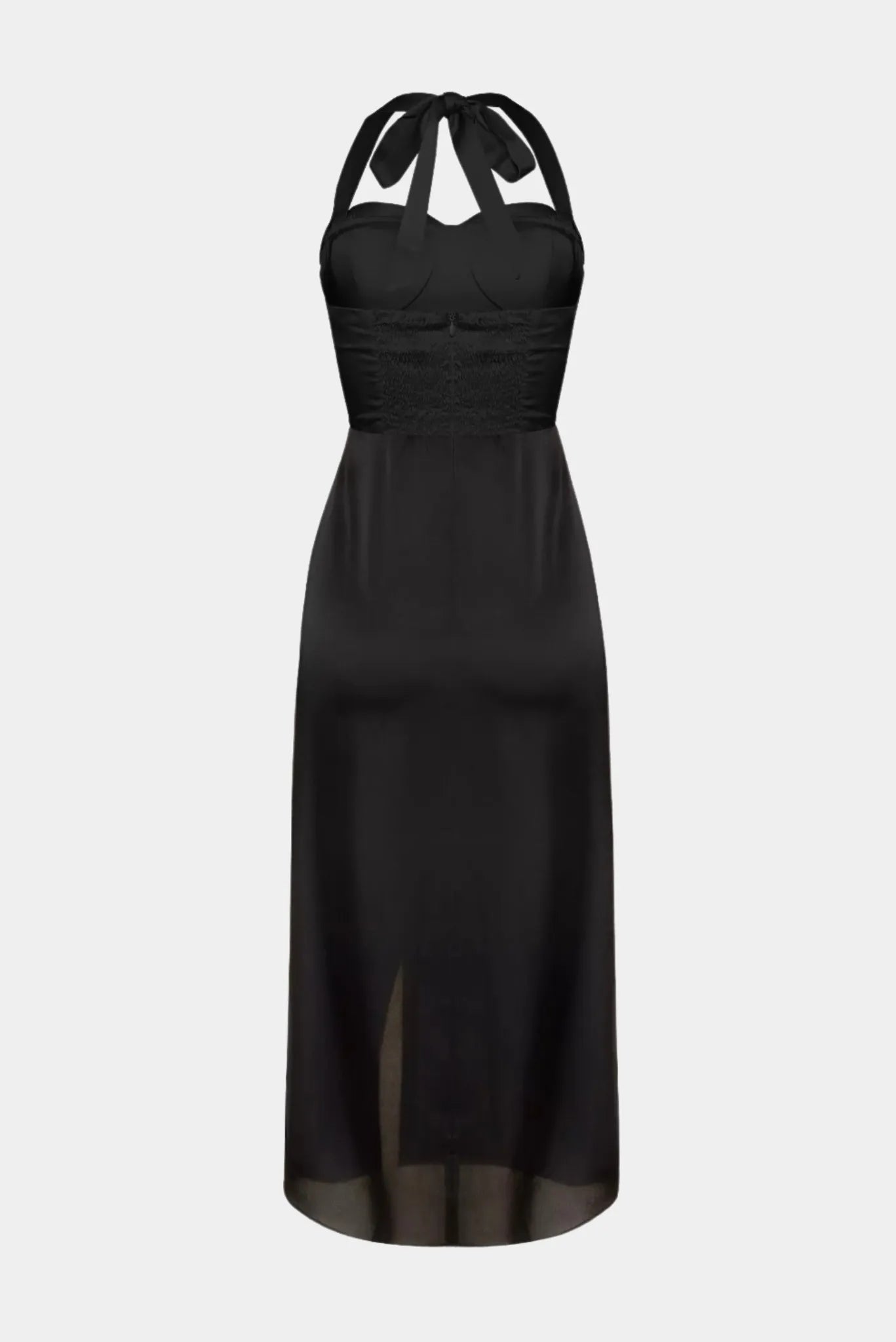 Costas do vestido midi Celine Gaia preto com amarração e lastex posterior