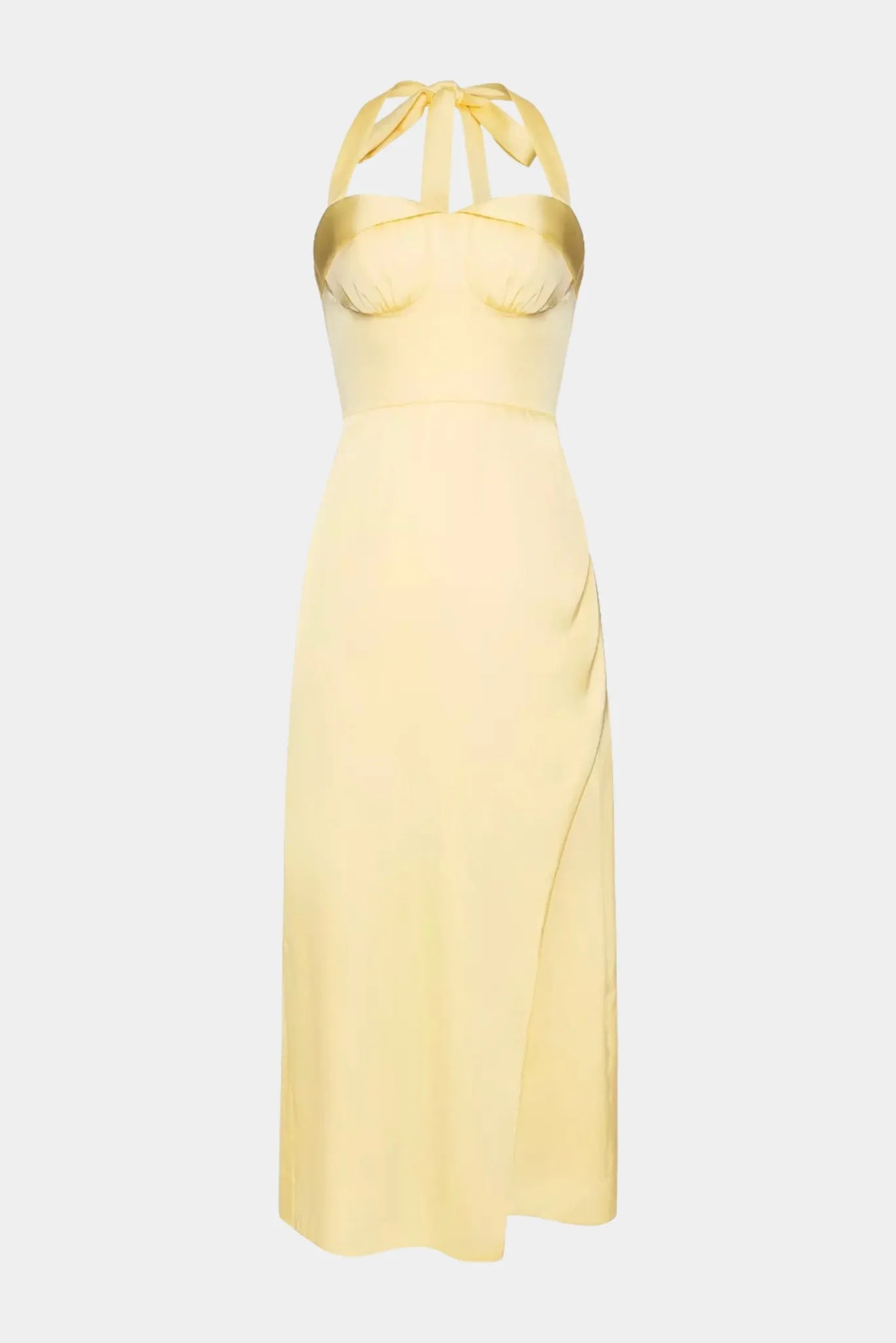 Vestido midi Celine Gaia amarelo com decote estruturado e amarração no pescoço