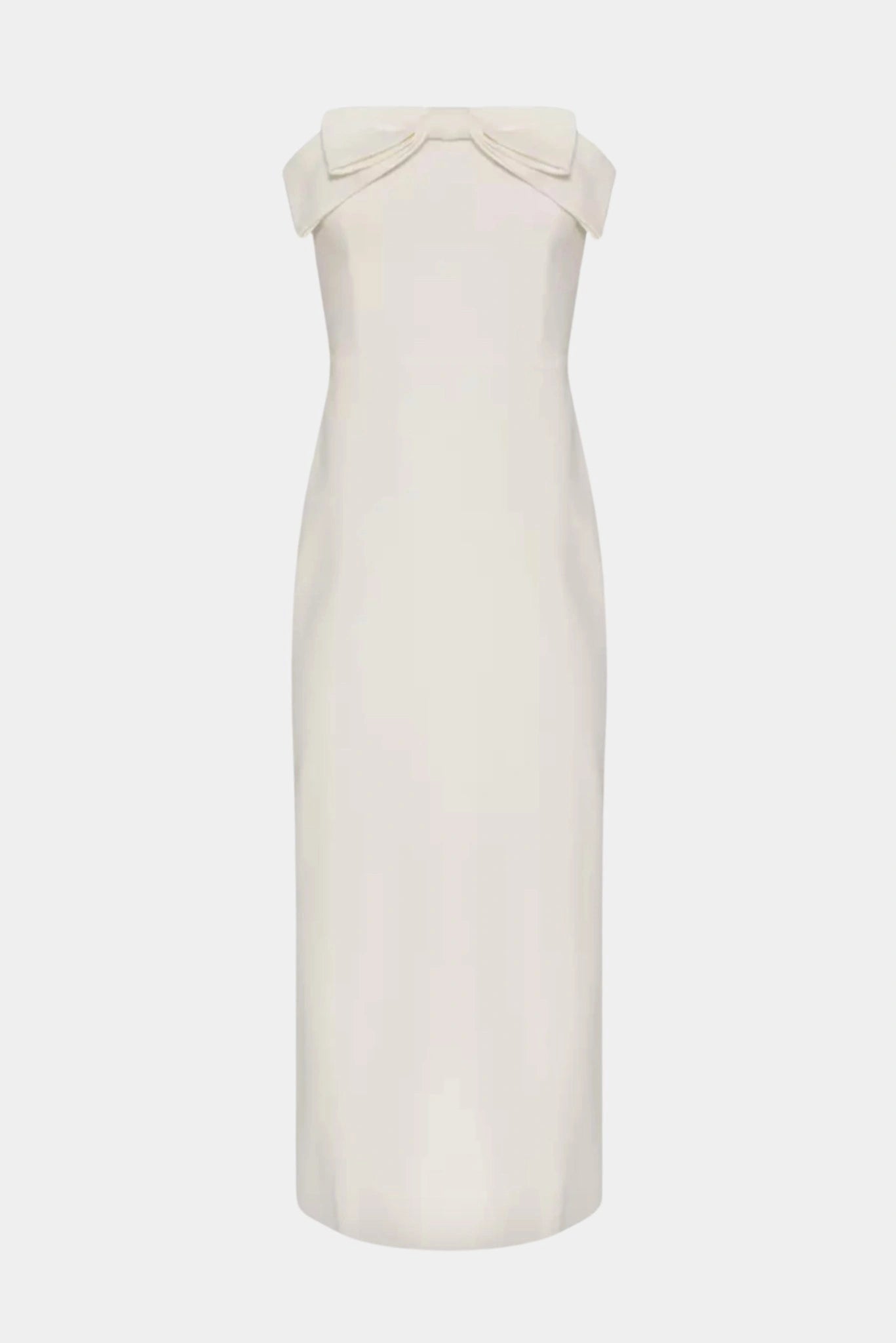Vestido midi de noiva Glacé Gaia off-white com decote ombro a ombro e laço estruturado no busto