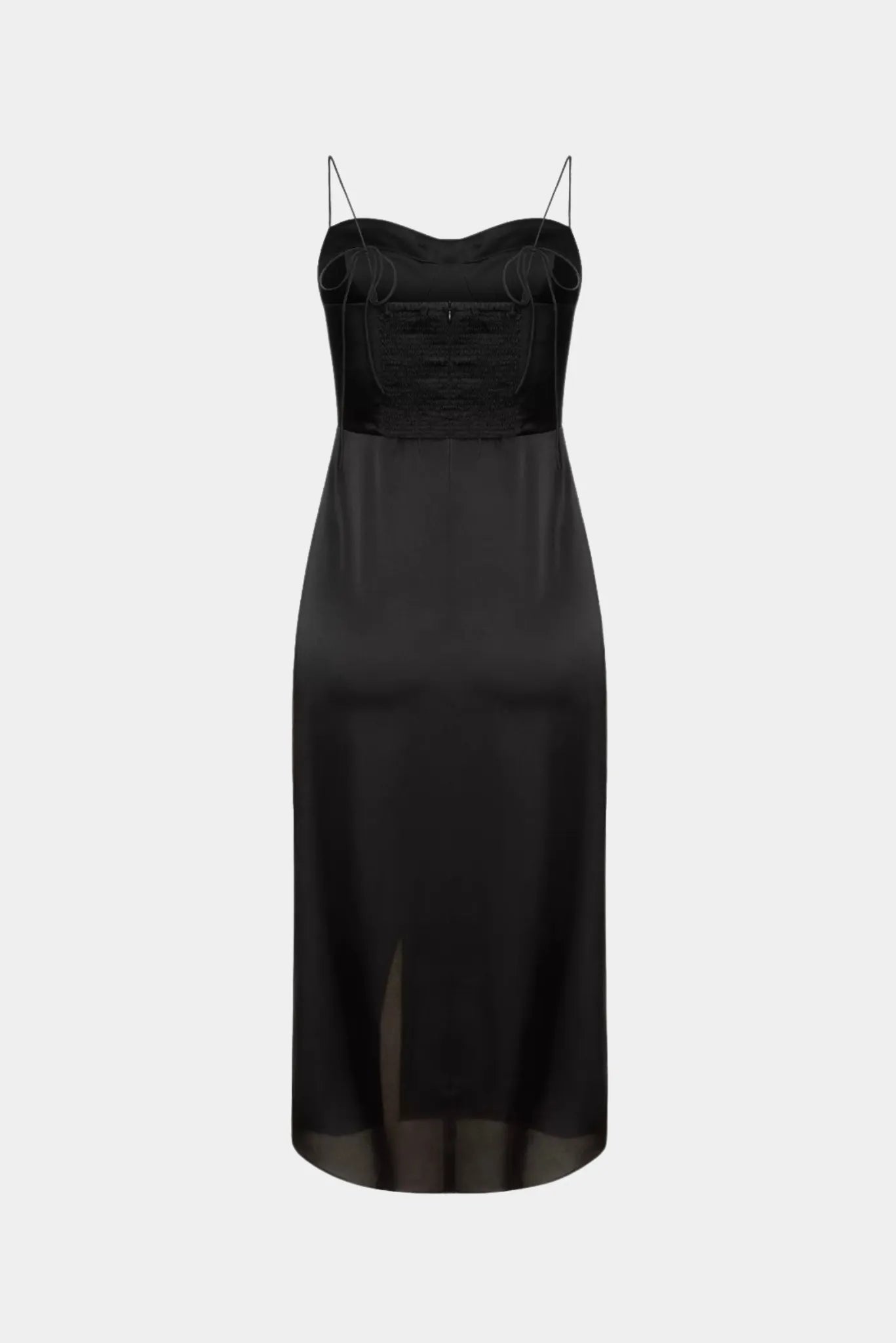 Costas do vestido midi Annabelle Gaia preto com lastex e amarrações laterais