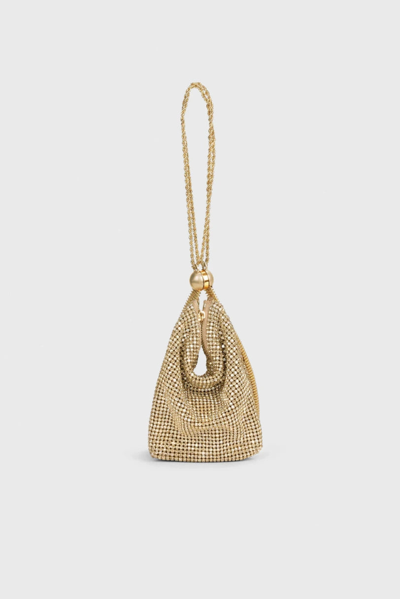 Bolsa de Festa Rue Cult Gaia dourada em malha de contas de vidro com alça de pulso