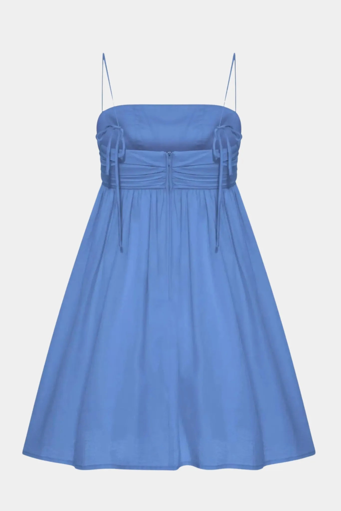 Costas de vestido curto azul claro com franzidos laterais e amarrações ajustáveis
