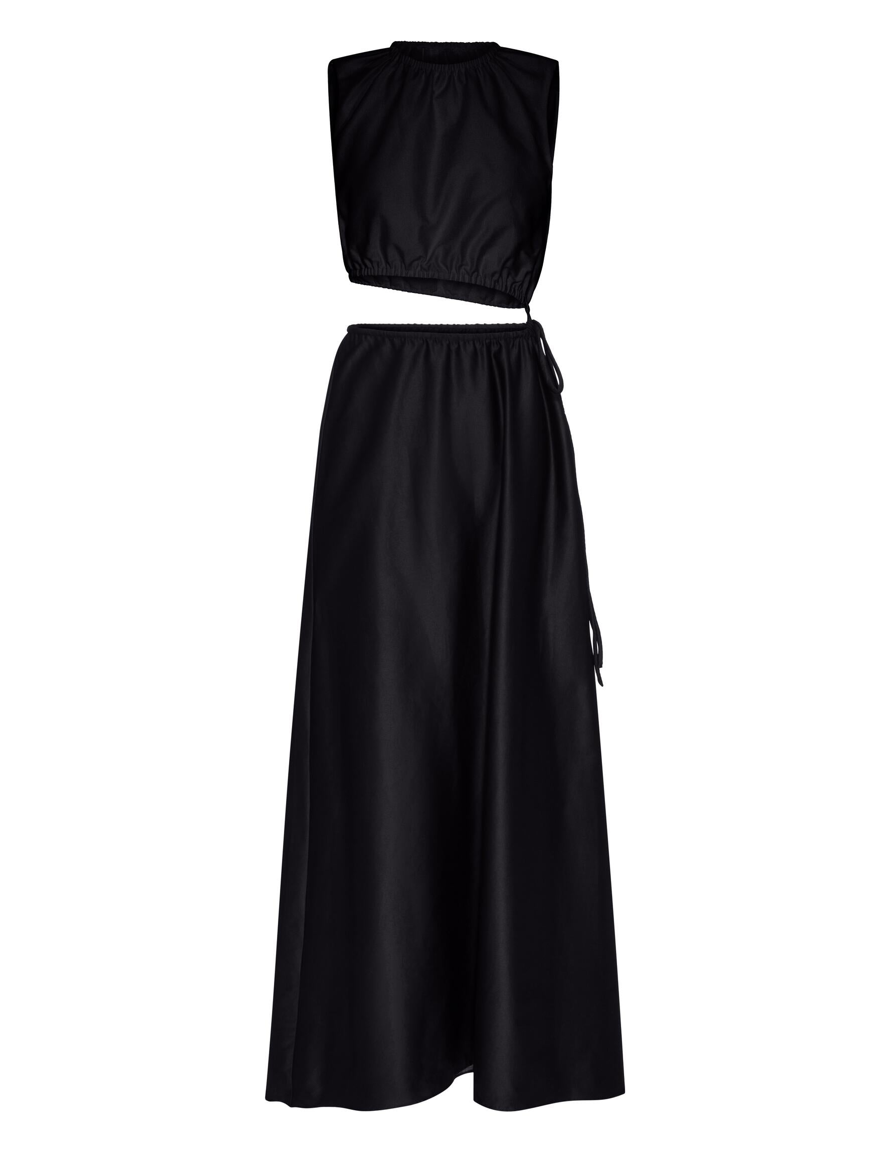 Vestido Nuage Gaia preto com recorte lateral, gola alta e saia longa fluida