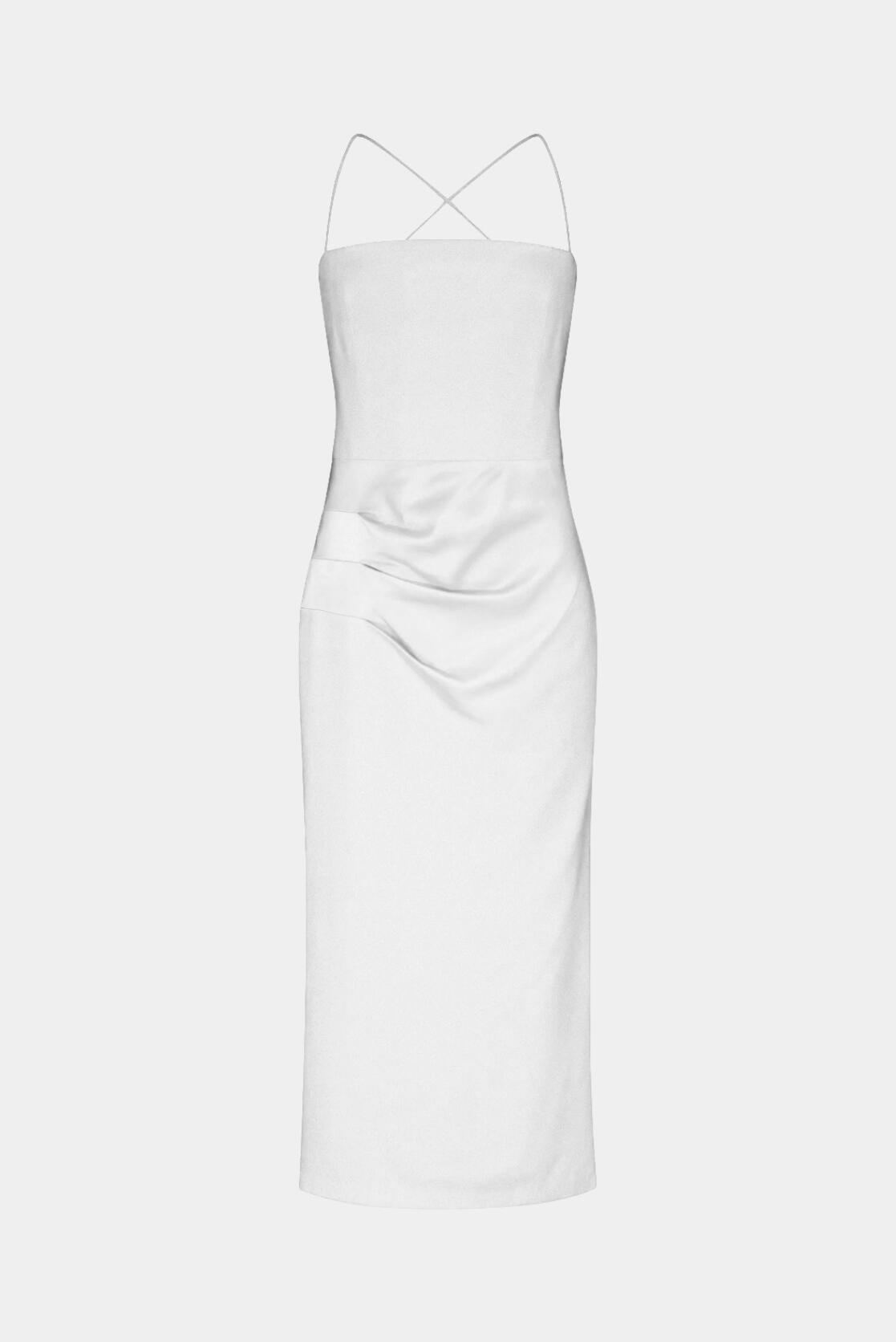 Vestido Midi Tressé Gaia off white com decote reto e drapeado lateral