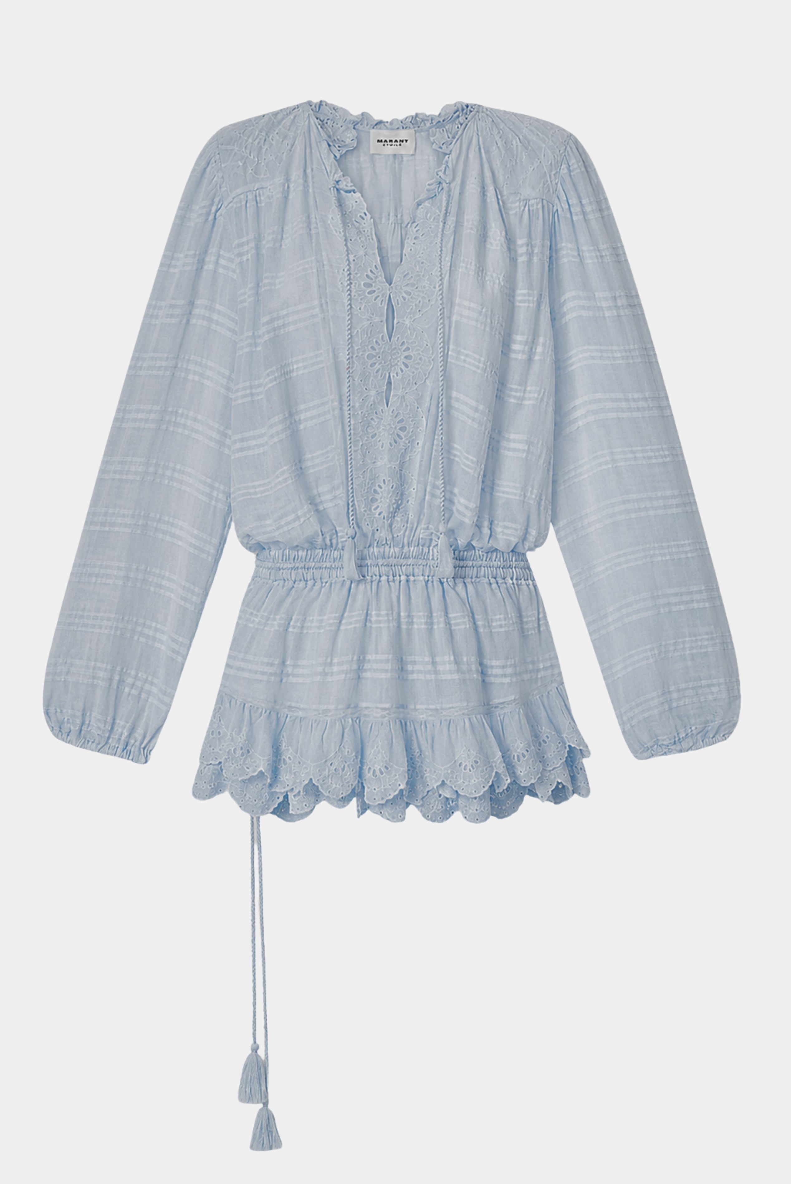 Vestido azul claro Isabel Marant com bordado vazado, mangas longas e barra com babados