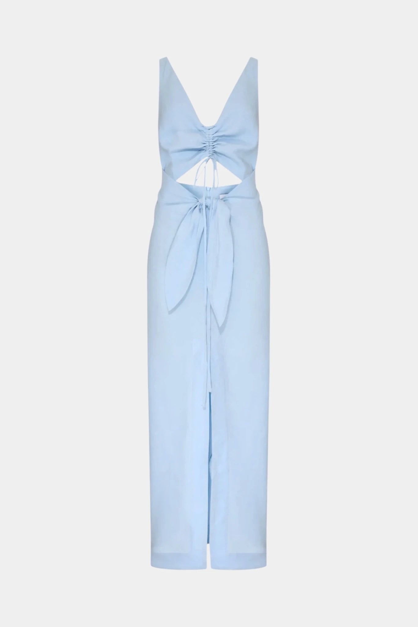Vestido em linho Ada MR azul claro com decote V, abertura frontal ajustável e modelagem midi reta
