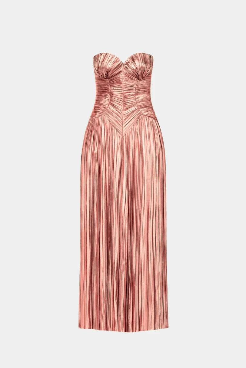 Vestido Ashika Cult Gaia rosa metálico tomara que caia com textura plissé