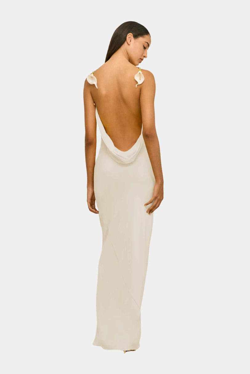Vestido Longo Flor Celestina Cult Gaia off white com costas drapeadas