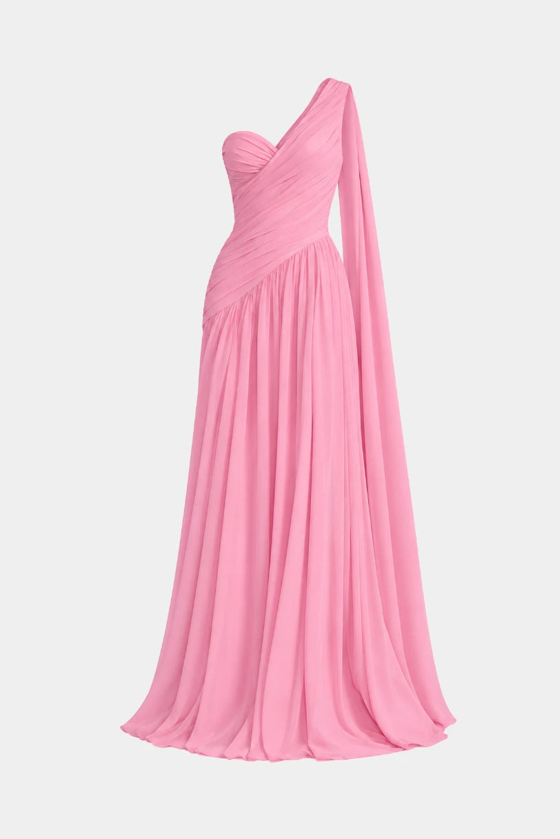 Vestido Longo Izabel Drapeado Fabulous rosa em crepe, ombro unico assimetrico com faixa longa