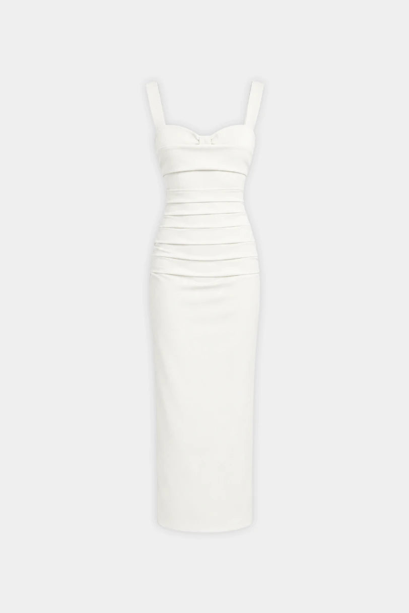 Vestido Midi Drapeado Victoria MR na cor branco, decote coração e drapeado frontal
