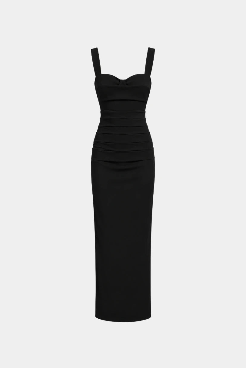 Vestido Midi Drapeado Victoria MR na cor preto, decote coração e drapeado frontal
