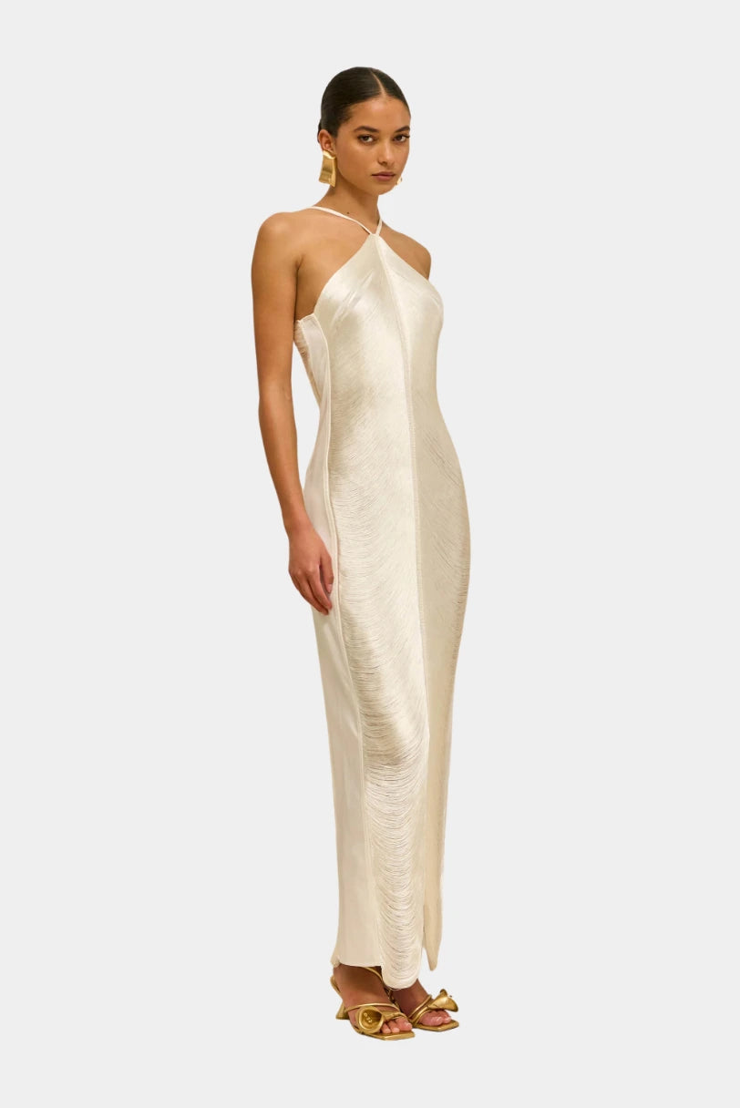 Costas abertas em V profundo e fenda traseira do Vestido Renata Cult Gaia off white