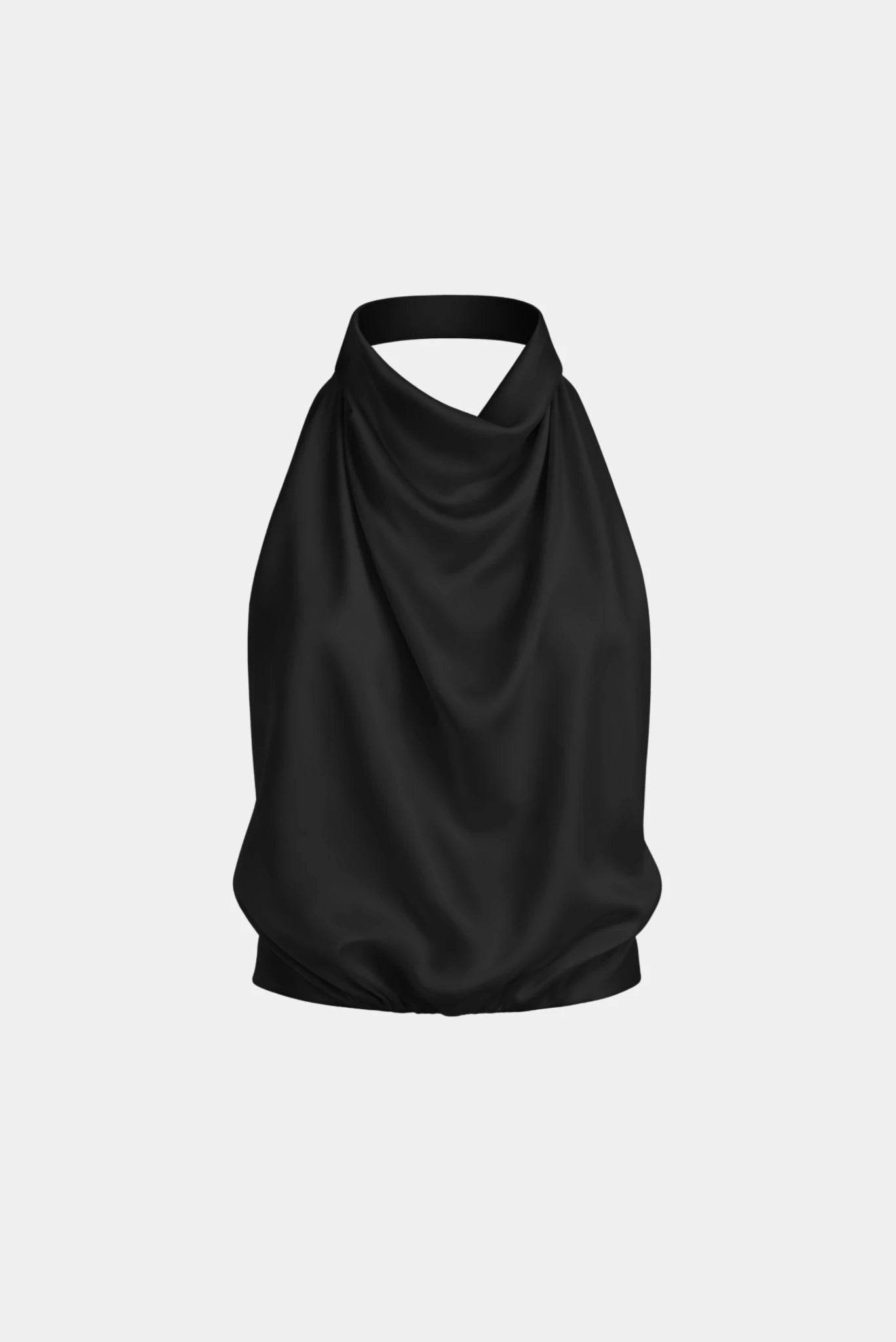 Top Frente Única Helza MR preto com gola drapeada e caimento sofisticado
