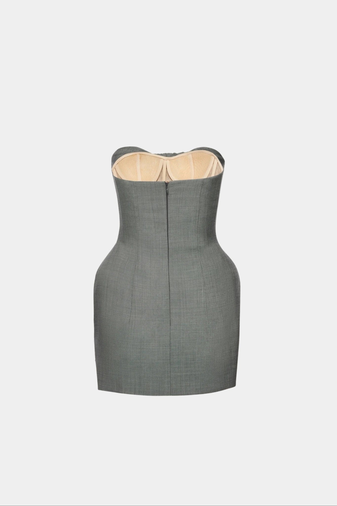 Costas de vestido mini cinza com corset estruturado e decote tomara que caia