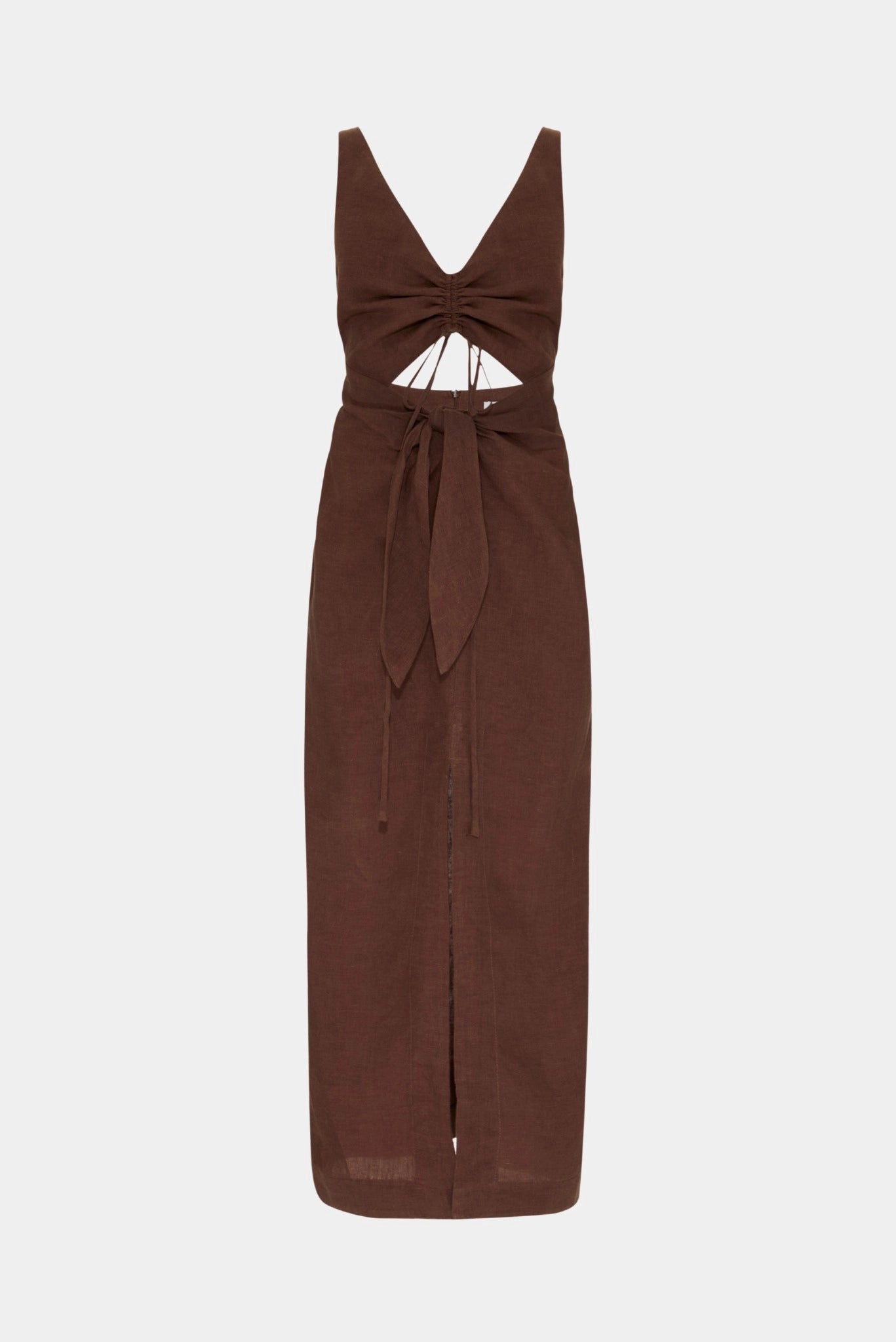 Vestido Ada MR marrom em linho com abertura frontal, detalhe franzido e modelagem elegante