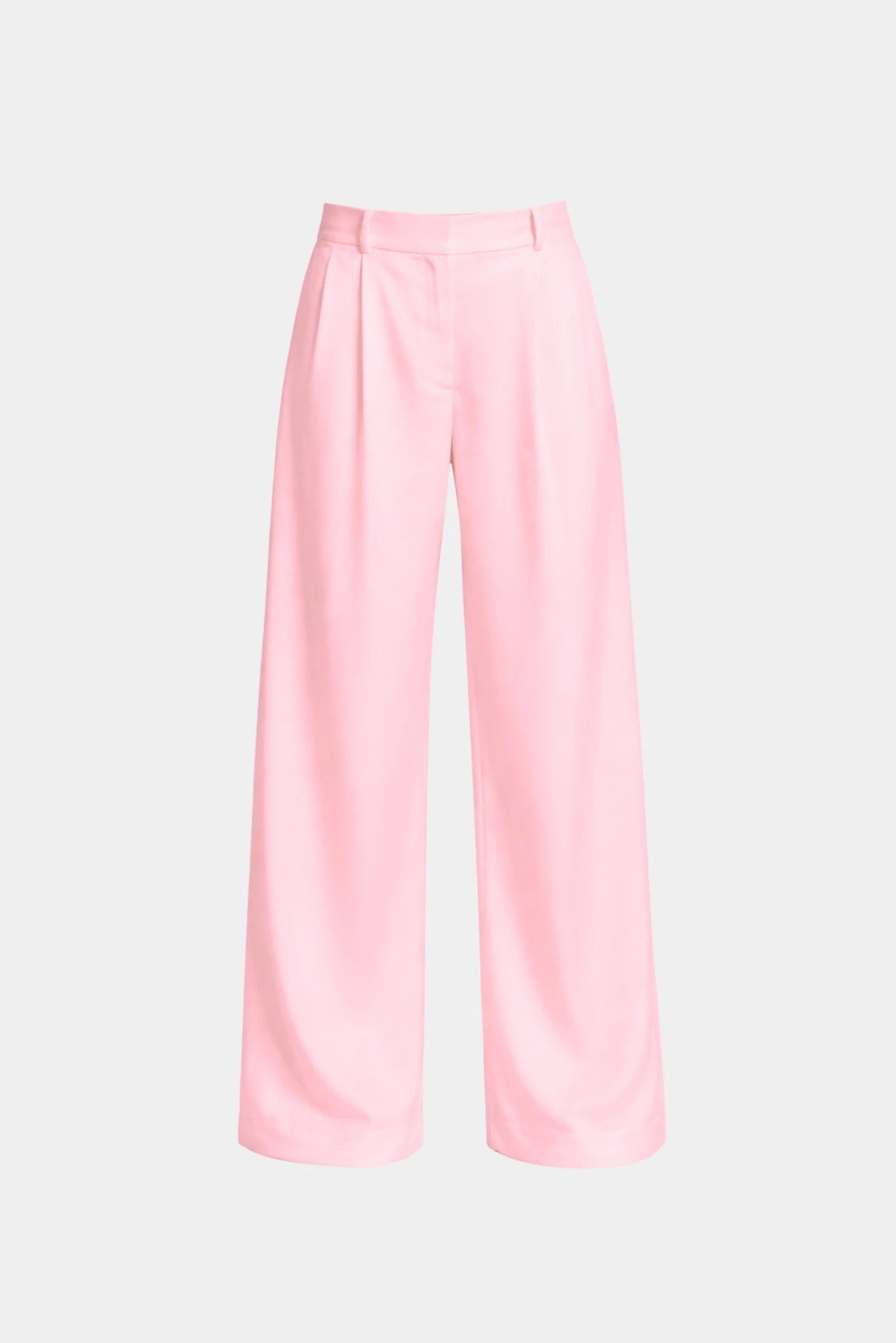 Calça de alfaiataria feminina rosa claro com modelagem ampla, pregas frontais e caimento elegante