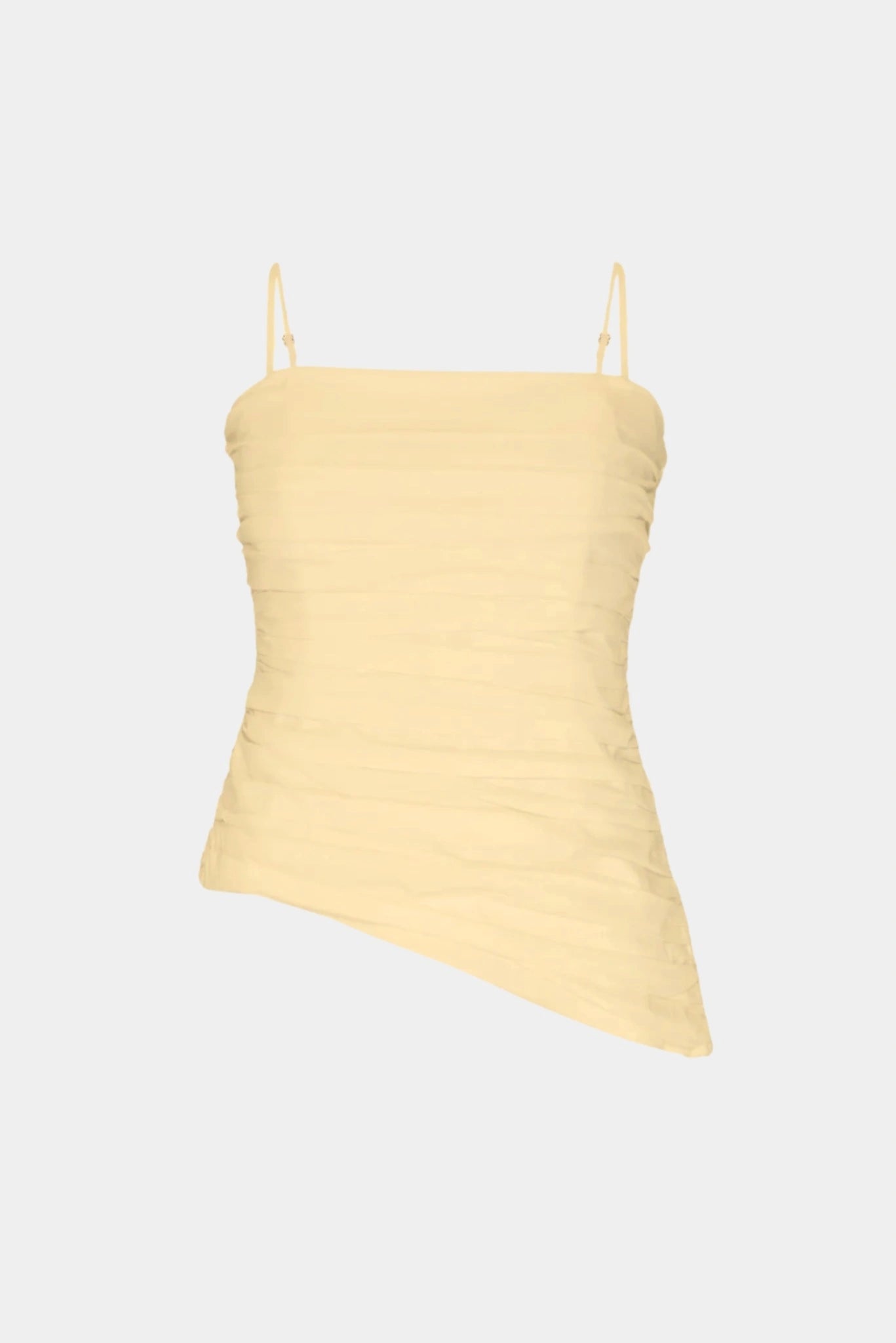 Top Drapeado Sophie MR amarelo claro com alças finas e detalhe drapeado