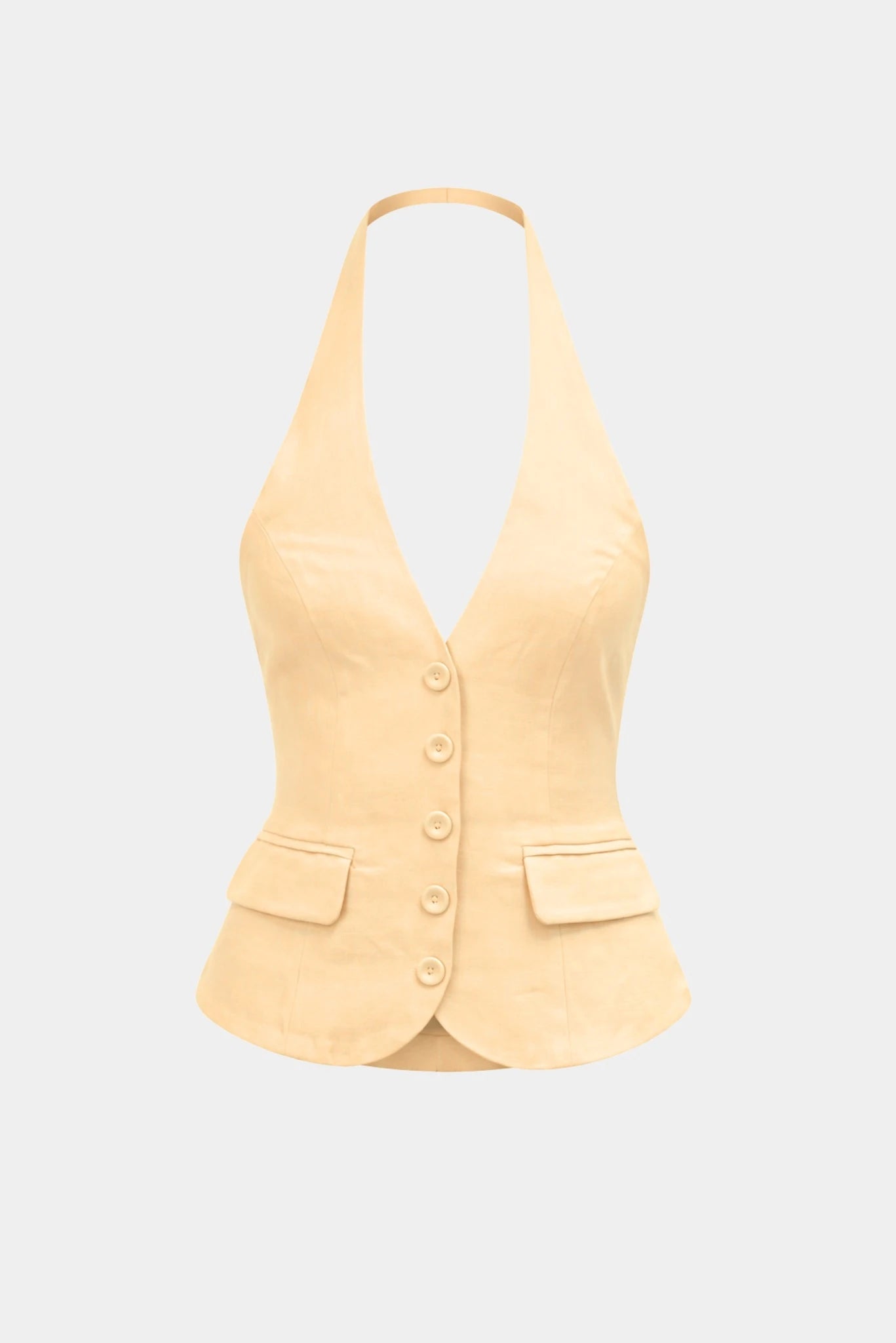 Top Zahira MR amarelo claro em alfaiataria com modelagem ajustada e bolsos com lapela
