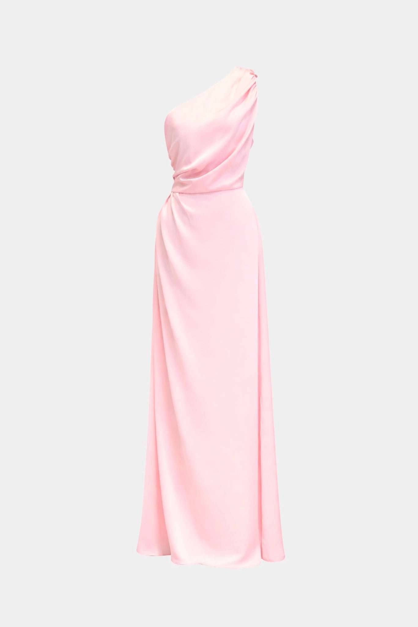 Vestido longo drapeado Farah MR rosa com modelagem fluida e decote assimétrico