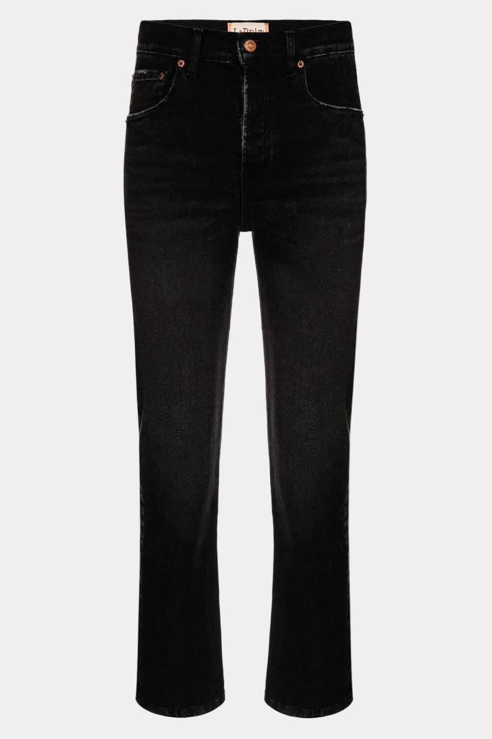 Calça Cropped L•Dnim em jeans preto com cintura alta, lavagem escura e caimento slim reto