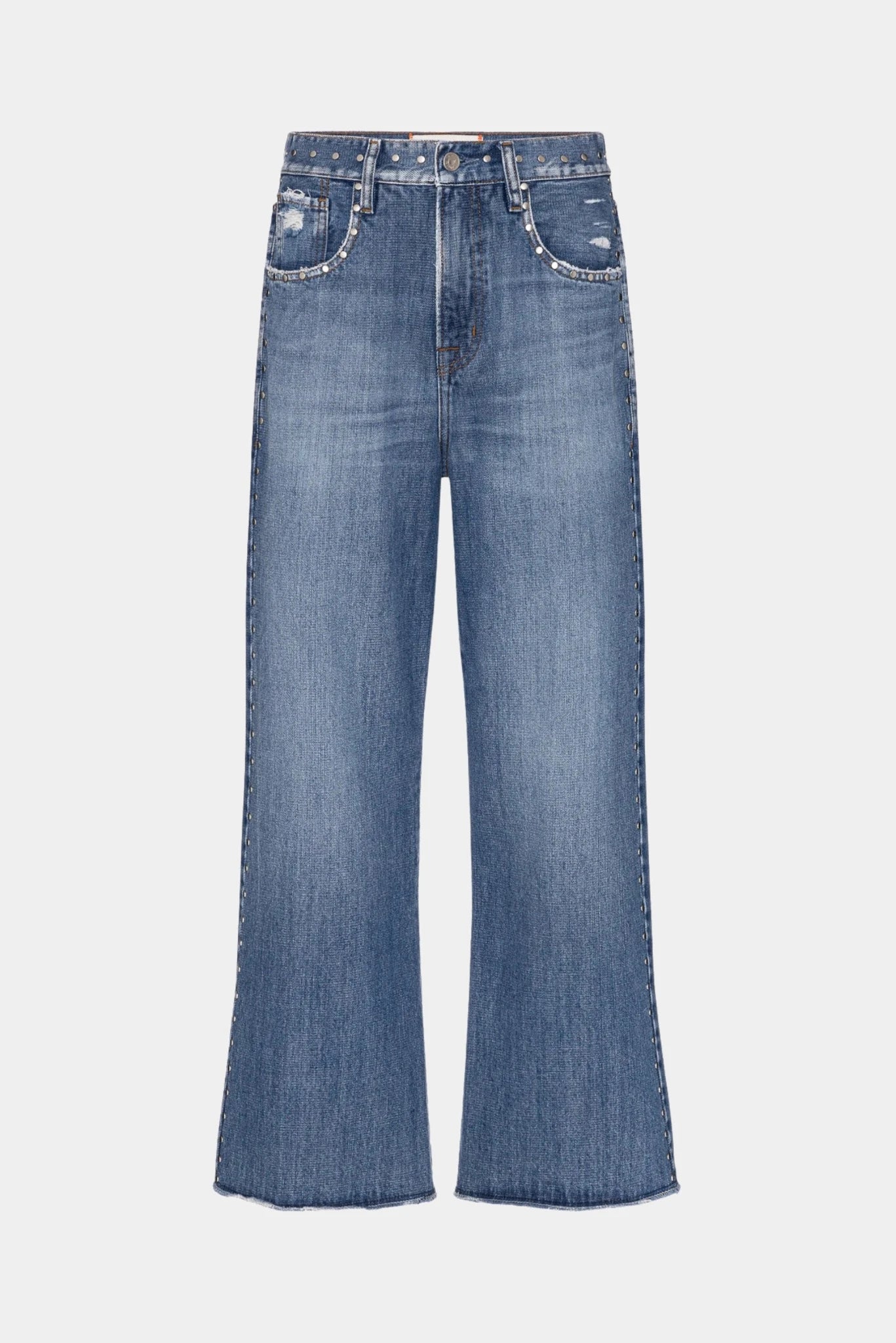 Calça Loose Cropped Tachas L•Dnim em jeans azul com aplicação de tachas e pernas amplas