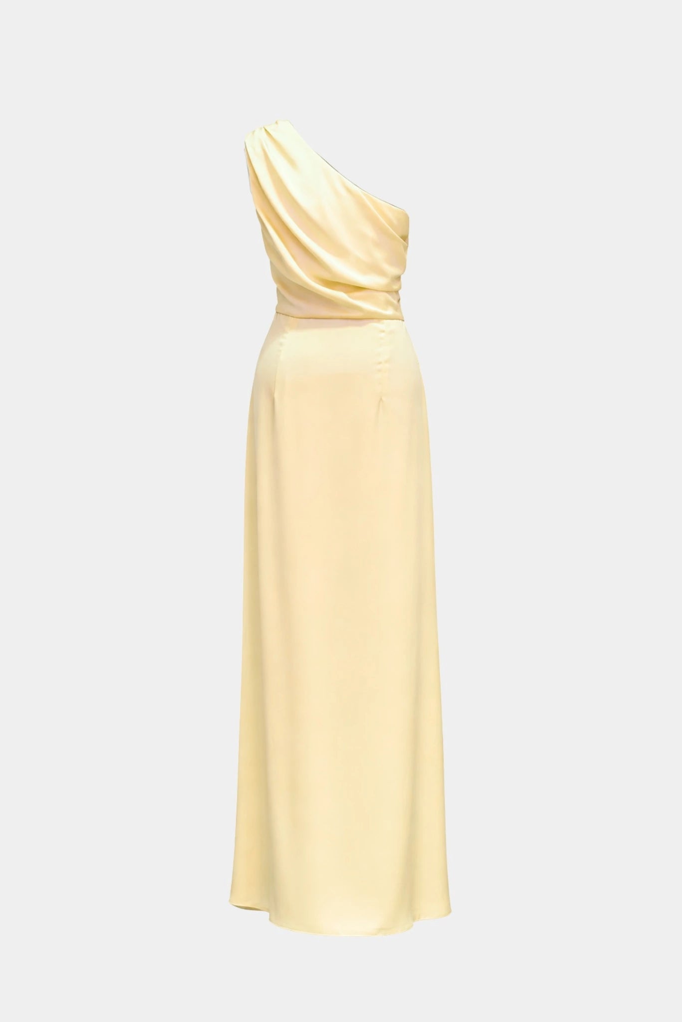 Vista lateral do vestido longo Farah MR amarelo claro com caimento elegante e drapeado