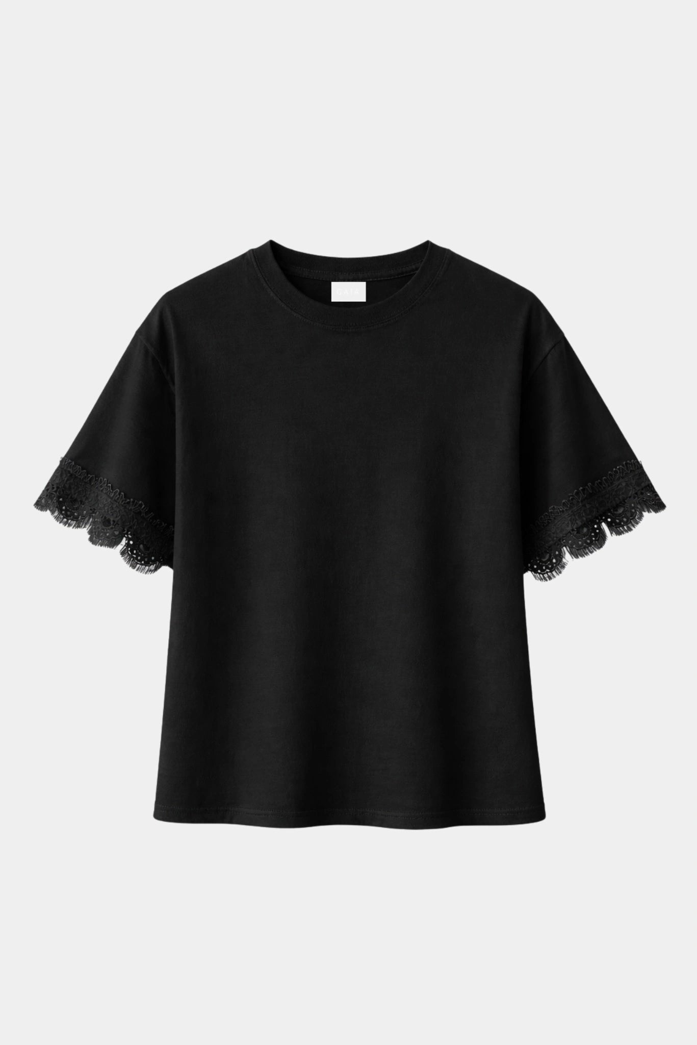 T-shirt Lace Gaia preta com mangas curtas e acabamento em renda nas barras
